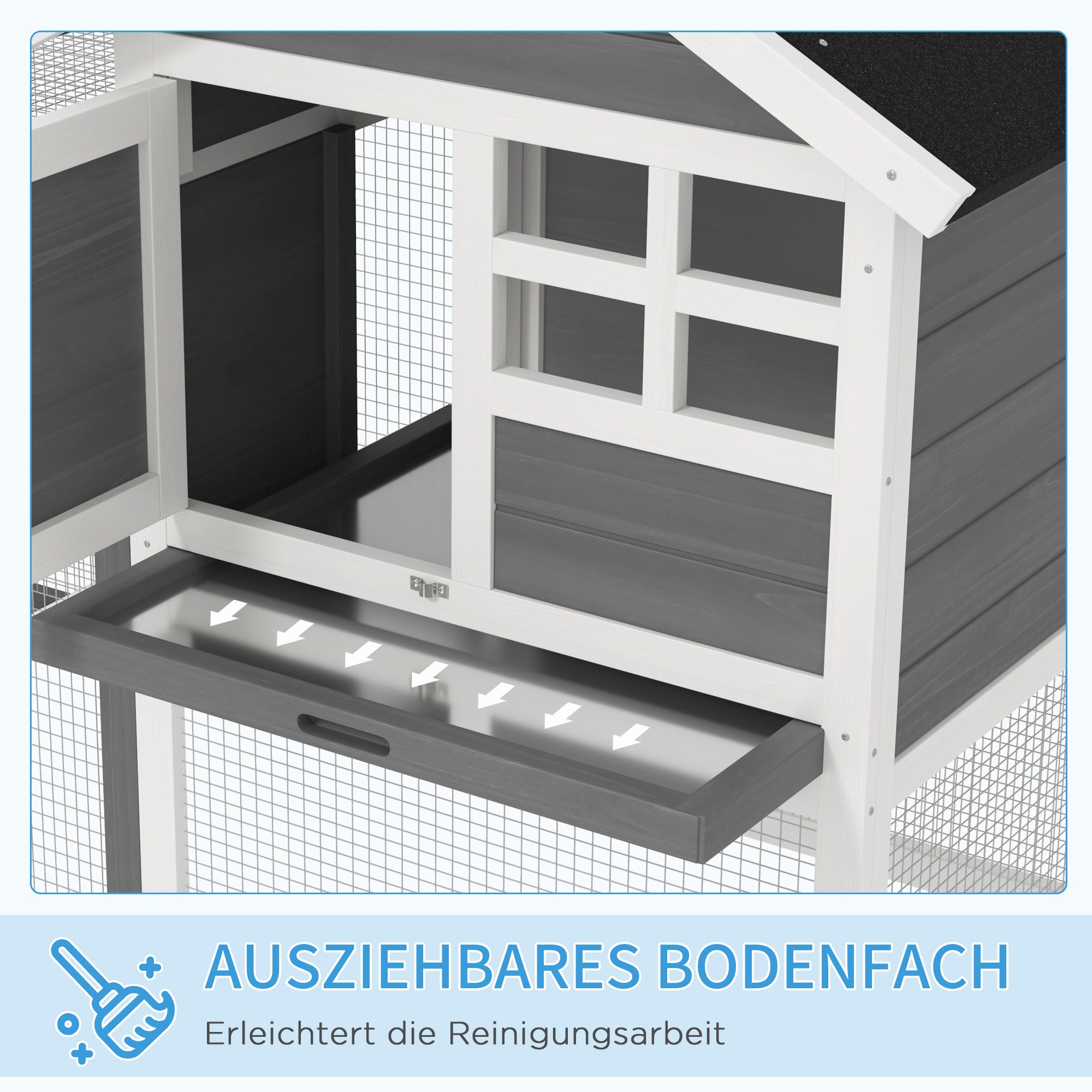 Rabbit Hutch Pine Wood Outdoor Indoor Small Animal House Cage Removable Bottom Tray and Ramp Gray+Black+White 122 x 62.6 x 92 cm