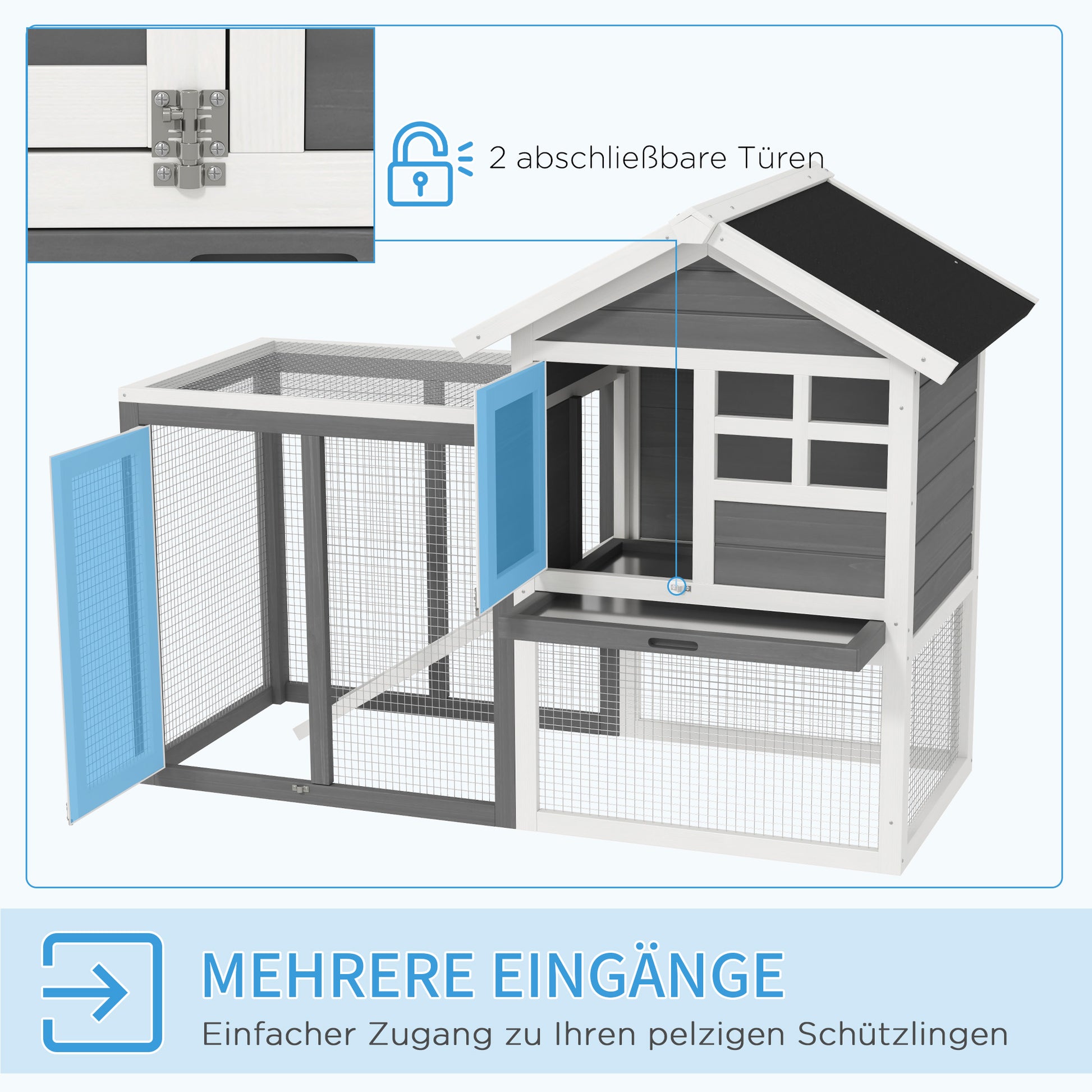 Rabbit Hutch Pine Wood Outdoor Indoor Small Animal House Cage Removable Bottom Tray and Ramp Gray+Black+White 122 x 62.6 x 92 cm