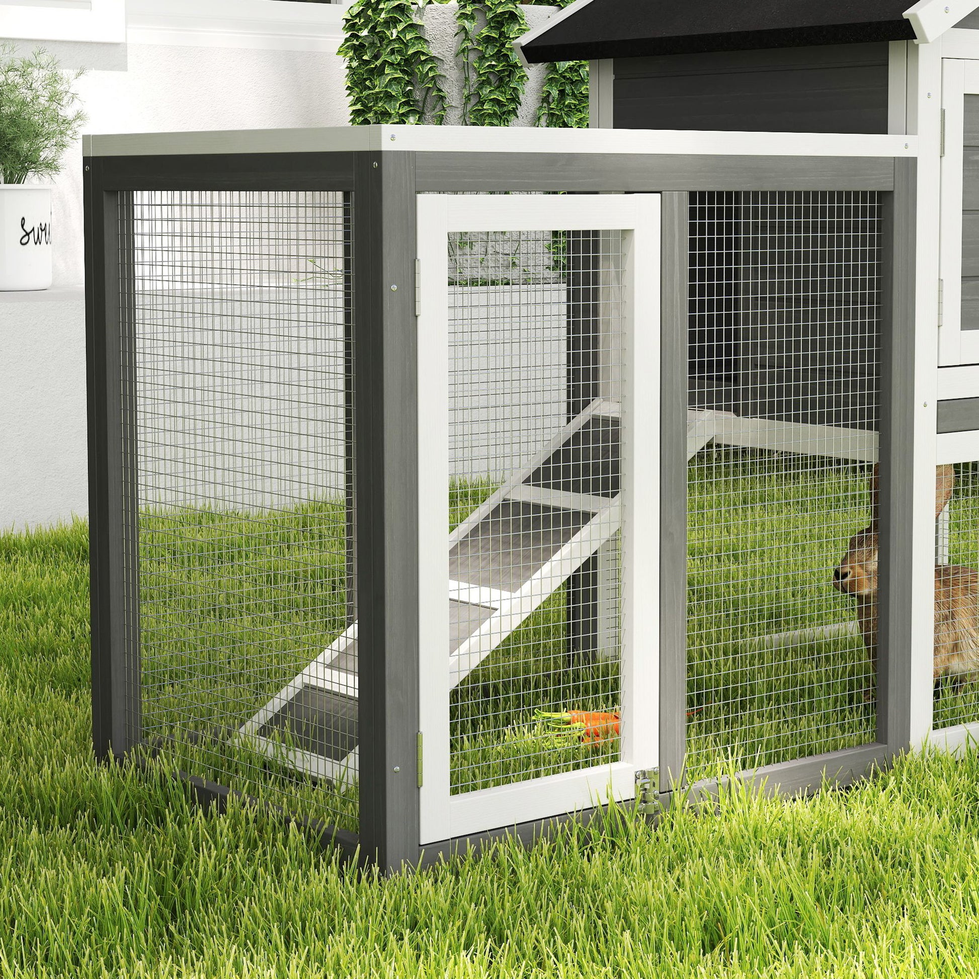 Rabbit Hutch Pine Wood Outdoor Indoor Small Animal House Cage Removable Bottom Tray and Ramp Gray+Black+White 122 x 62.6 x 92 cm