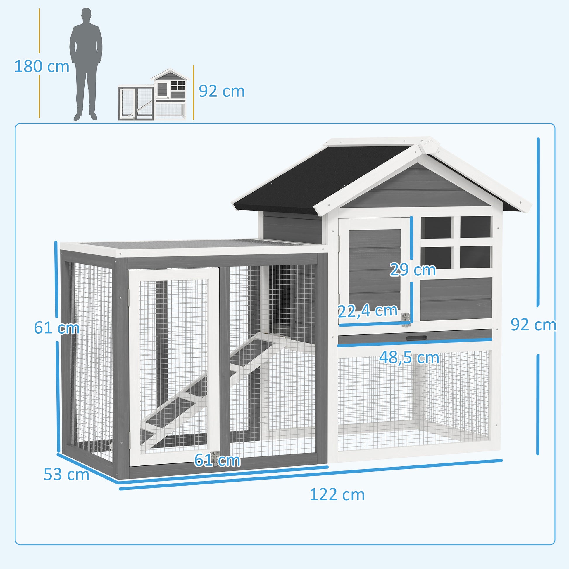 Rabbit Hutch Pine Wood Outdoor Indoor Small Animal House Cage Removable Bottom Tray and Ramp Gray+Black+White 122 x 62.6 x 92 cm