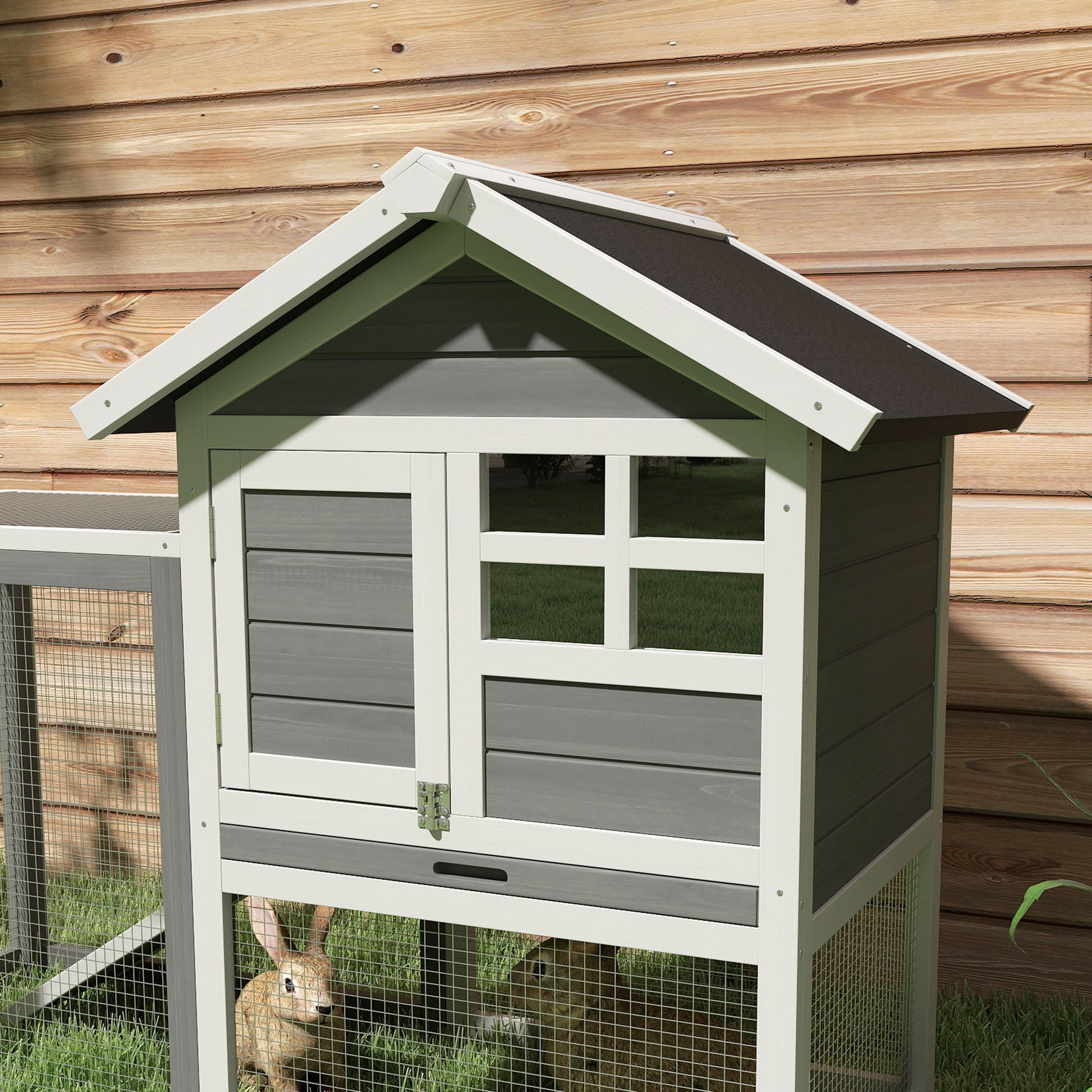 Rabbit Hutch Pine Wood Outdoor Indoor Small Animal House Cage Removable Bottom Tray and Ramp Gray+Black+White 122 x 62.6 x 92 cm