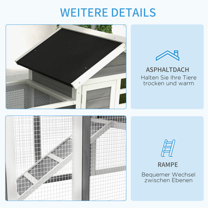 Rabbit Hutch Pine Wood Outdoor Indoor Small Animal House Cage Removable Bottom Tray and Ramp Gray+Black+White 122 x 62.6 x 92 cm
