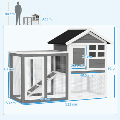Rabbit Hutch Pine Wood Outdoor Indoor Small Animal House Cage Removable Bottom Tray and Ramp Gray+Black+White 122 x 62.6 x 92 cm