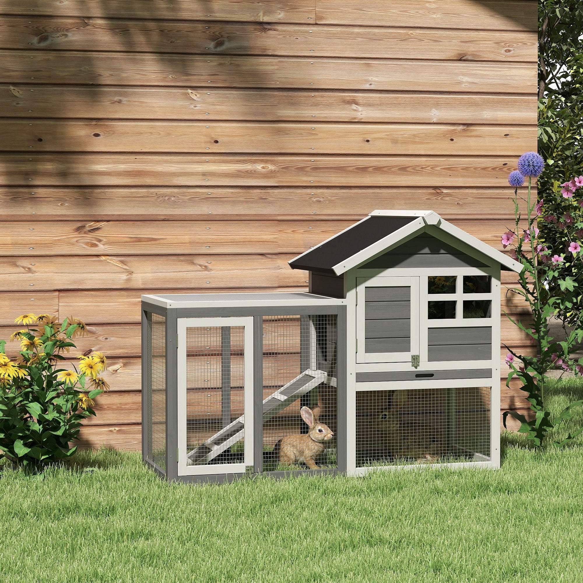 Rabbit Hutch Pine Wood Outdoor Indoor Small Animal House Cage Removable Bottom Tray and Ramp Gray+Black+White 122 x 62.6 x 92 cm