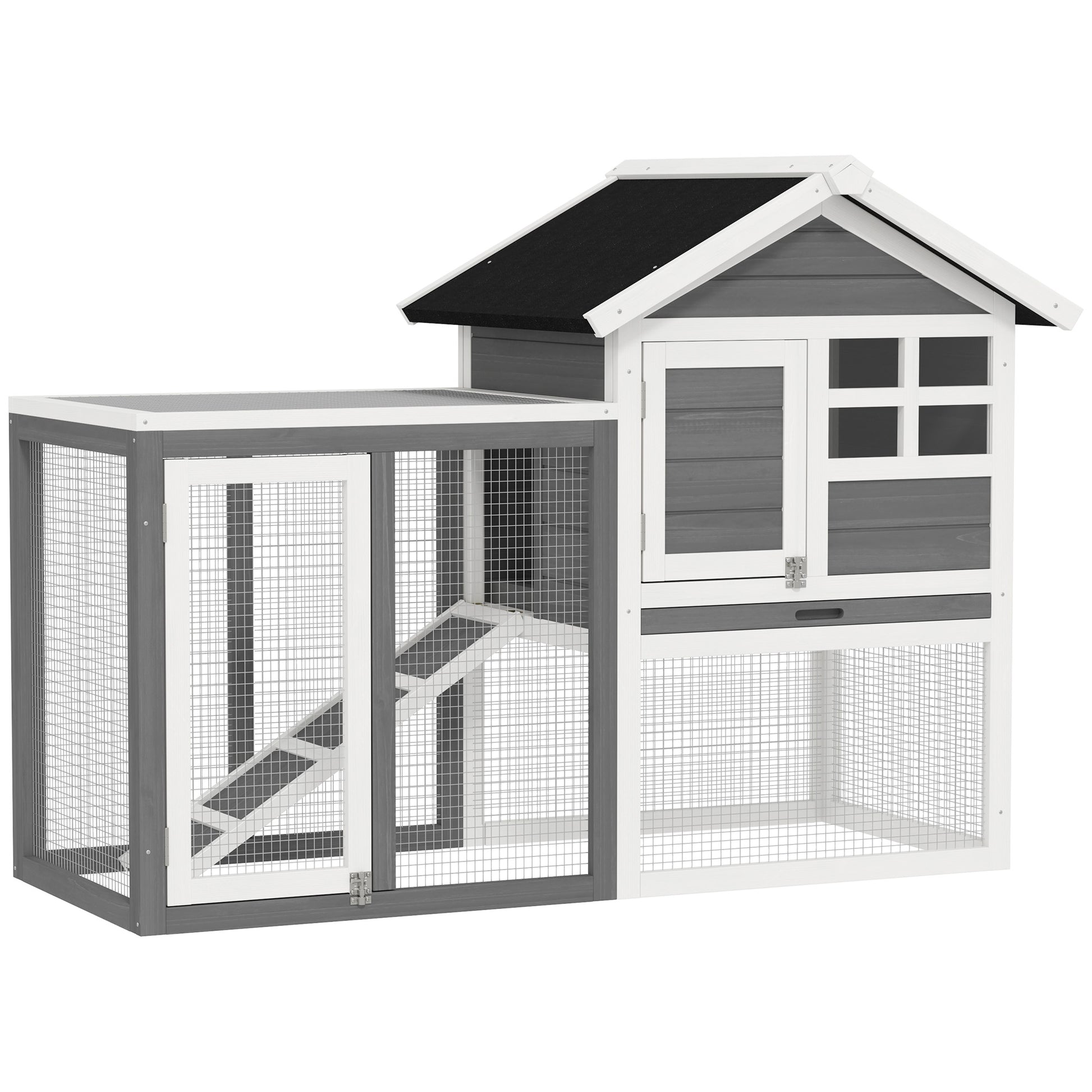 Rabbit Hutch Pine Wood Outdoor Indoor Small Animal House Cage Removable Bottom Tray and Ramp Gray+Black+White 122 x 62.6 x 92 cm