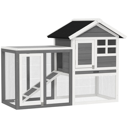 Rabbit Hutch Pine Wood Outdoor Indoor Small Animal House Cage Removable Bottom Tray and Ramp Gray+Black+White 122 x 62.6 x 92 cm