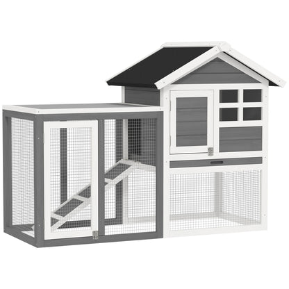 Rabbit Hutch Pine Wood Outdoor Indoor Small Animal House Cage Removable Bottom Tray and Ramp Gray+Black+White 122 x 62.6 x 92 cm