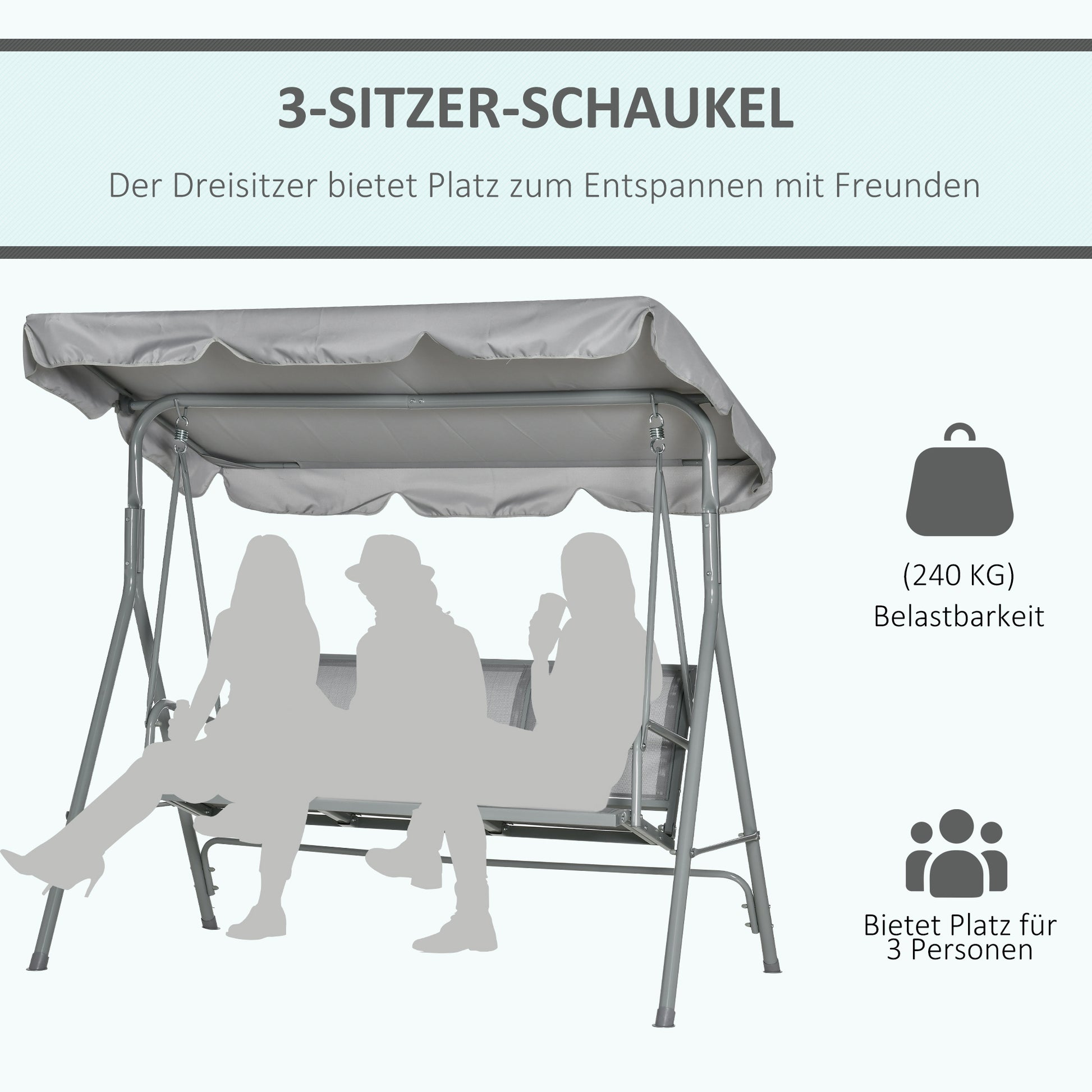 Hollywood Swing with Adjustable Sun Canopy, 3-Seater Garden Swing with Anti-Slip Feet, Swing Bench Loadable up to 240 kg, Lounger for Garden, Terrace, 170x110x153cm, Gray+Silver
