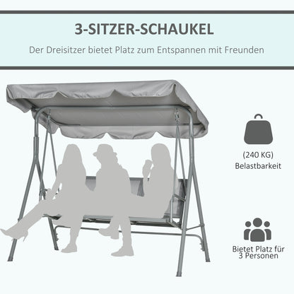 Hollywood Swing with Adjustable Sun Canopy, 3-Seater Garden Swing with Anti-Slip Feet, Swing Bench Loadable up to 240 kg, Lounger for Garden, Terrace, 170x110x153cm, Gray+Silver