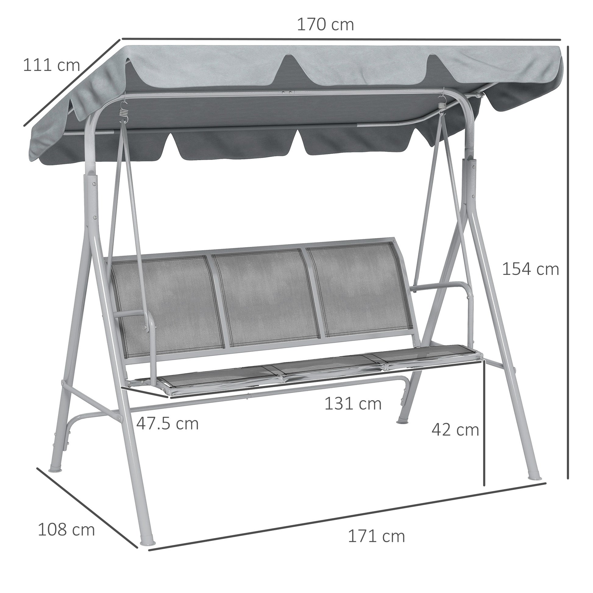 Hollywood Swing with Adjustable Sun Canopy, 3-Seater Garden Swing with Anti-Slip Feet, Swing Bench Loadable up to 240 kg, Lounger for Garden, Terrace, 170x110x153cm, Gray+Silver