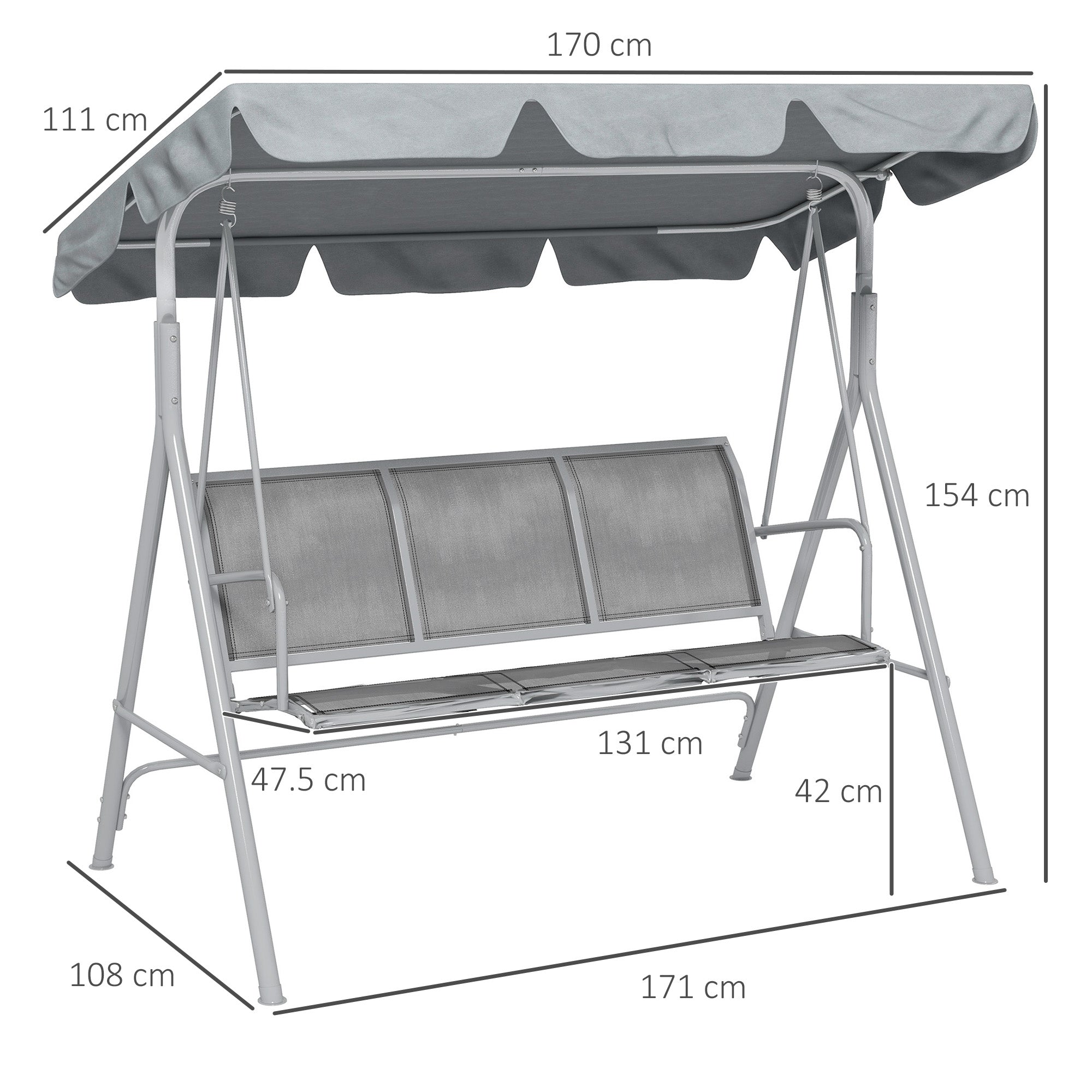 Hollywood Swing with Adjustable Sun Canopy, 3-Seater Garden Swing with Anti-Slip Feet, Swing Bench Loadable up to 240 kg, Lounger for Garden, Terrace, 170x110x153cm, Gray+Silver