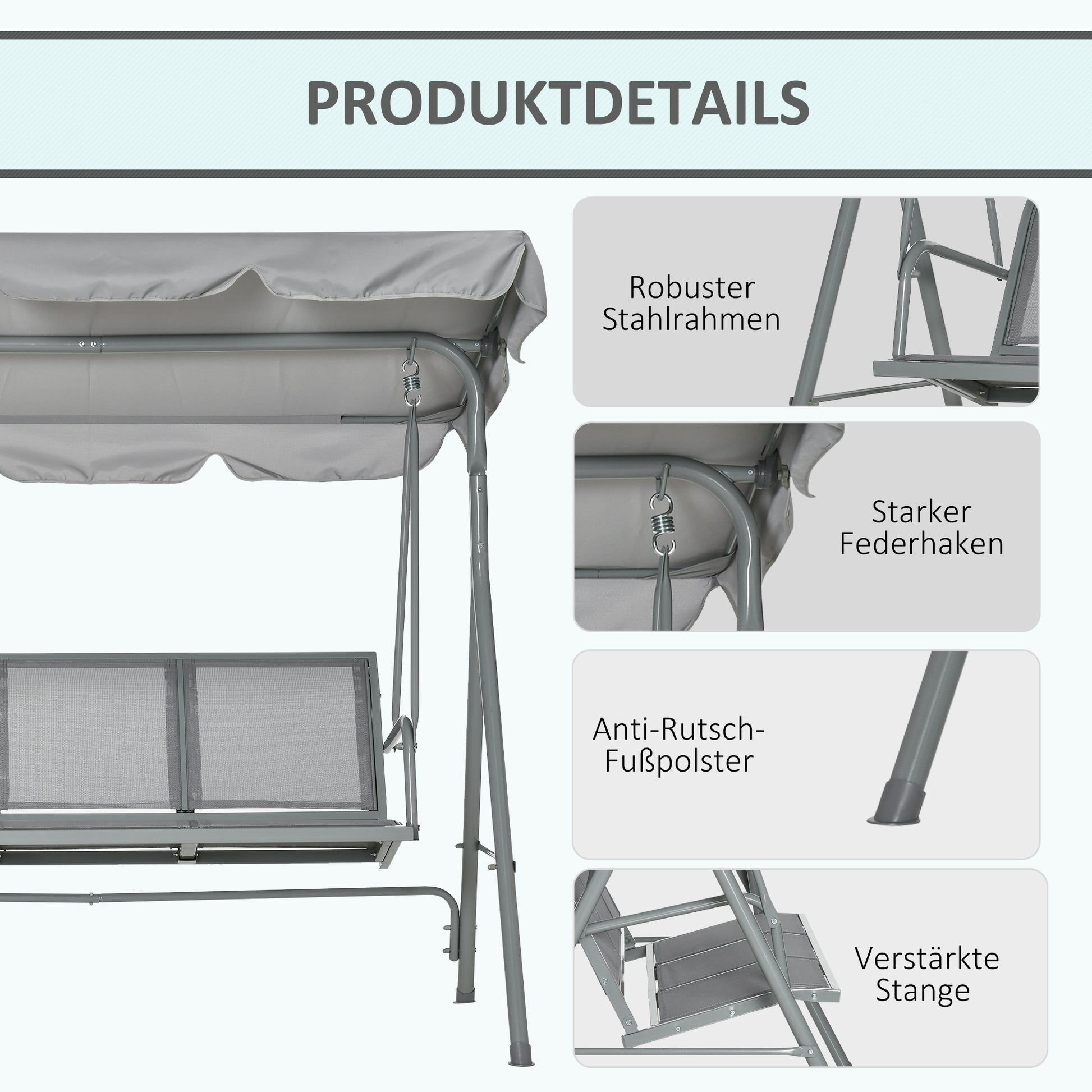 Hollywood Swing with Adjustable Sun Canopy, 3-Seater Garden Swing with Anti-Slip Feet, Swing Bench Loadable up to 240 kg, Lounger for Garden, Terrace, 170x110x153cm, Gray+Silver