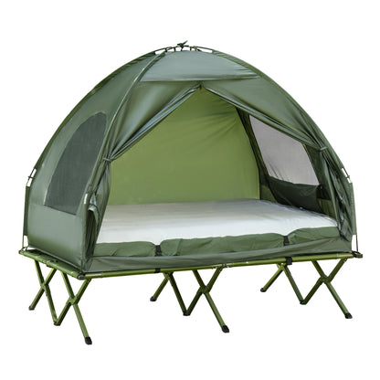 Cot with Tent Elevated Camping Bed with Air Mattress Pump Taffeta Carrying Bag 193 x 136 x 180 cm Guest Bed for 2 Persons up to 160 kg Extra Wide Folding Bed Camping Cot for Outdoor Green