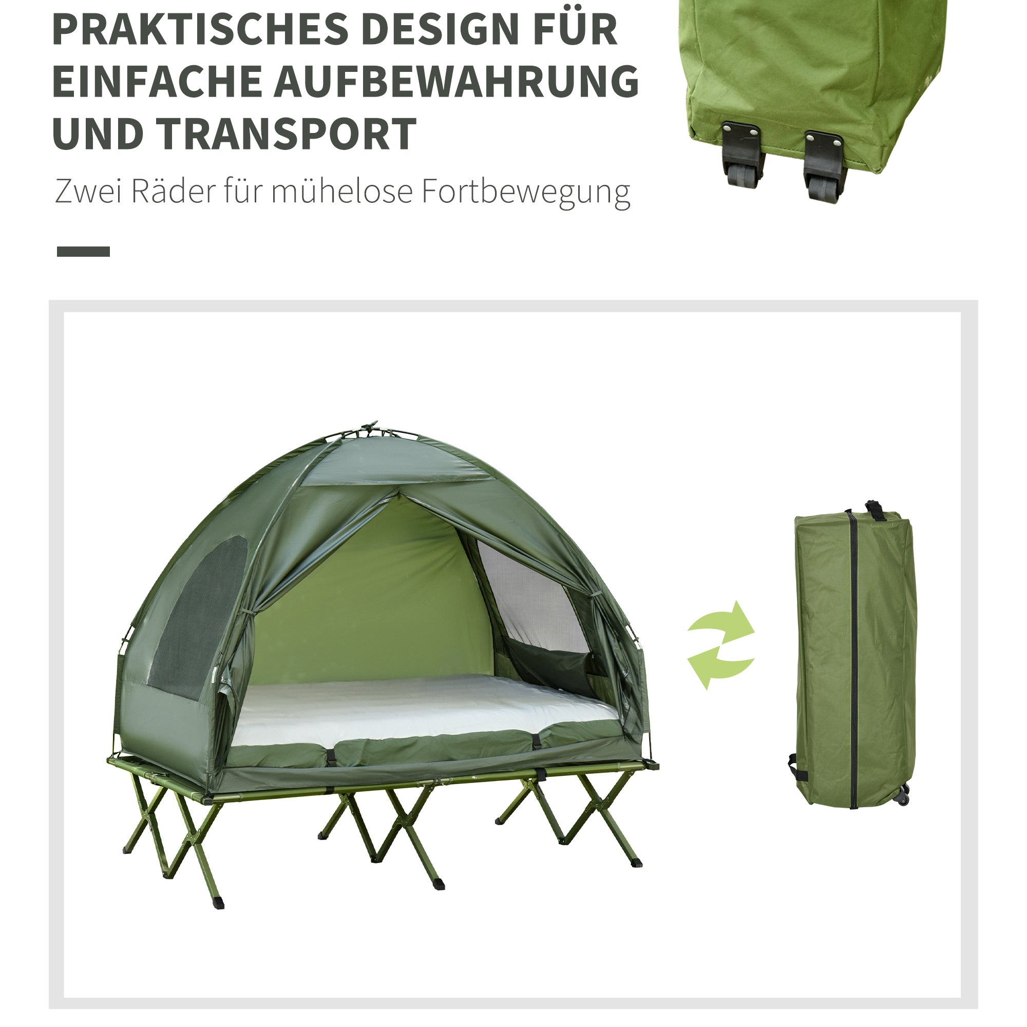 Cot with Tent Elevated Camping Bed with Air Mattress Pump Taffeta Carrying Bag 193 x 136 x 180 cm Guest Bed for 2 Persons up to 160 kg Extra Wide Folding Bed Camping Cot for Outdoor Green