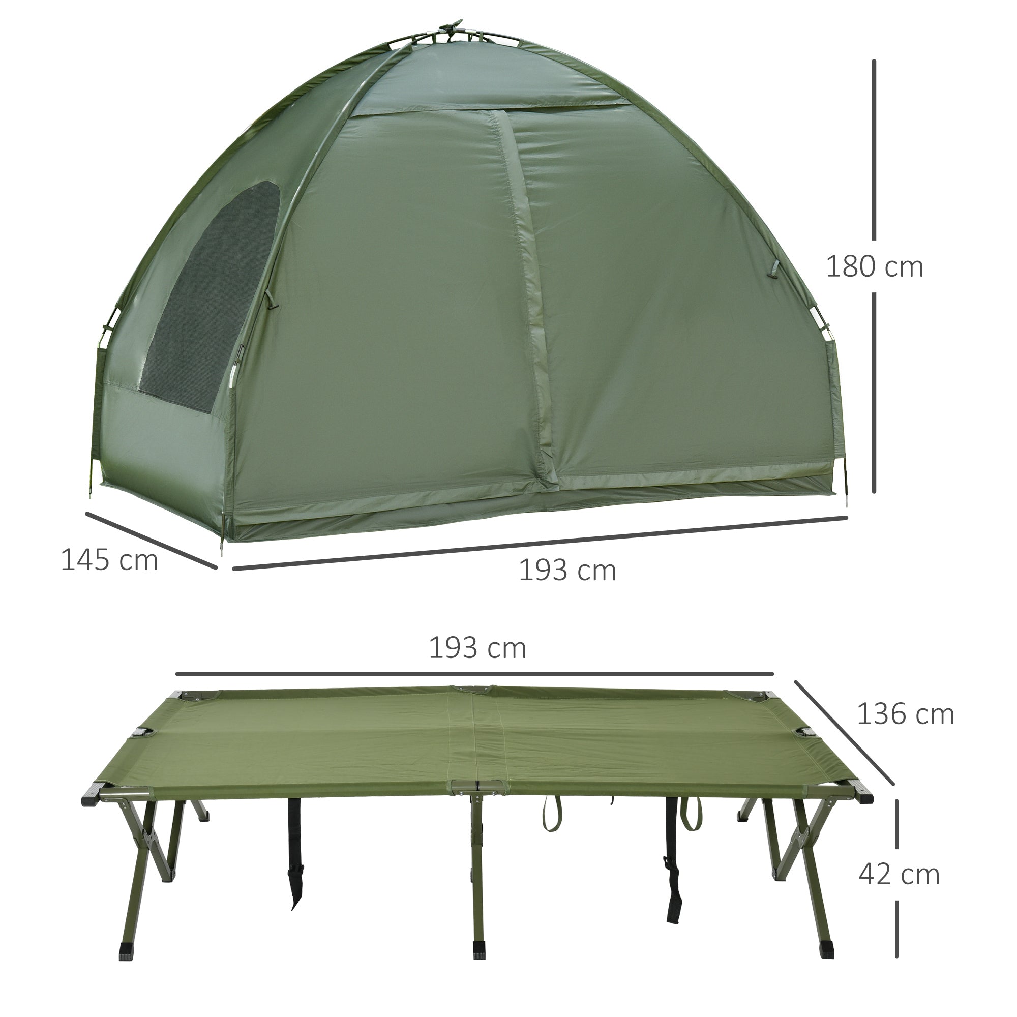 Cot with Tent Elevated Camping Bed with Air Mattress Pump Taffeta Carrying Bag 193 x 136 x 180 cm Guest Bed for 2 Persons up to 160 kg Extra Wide Folding Bed Camping Cot for Outdoor Green