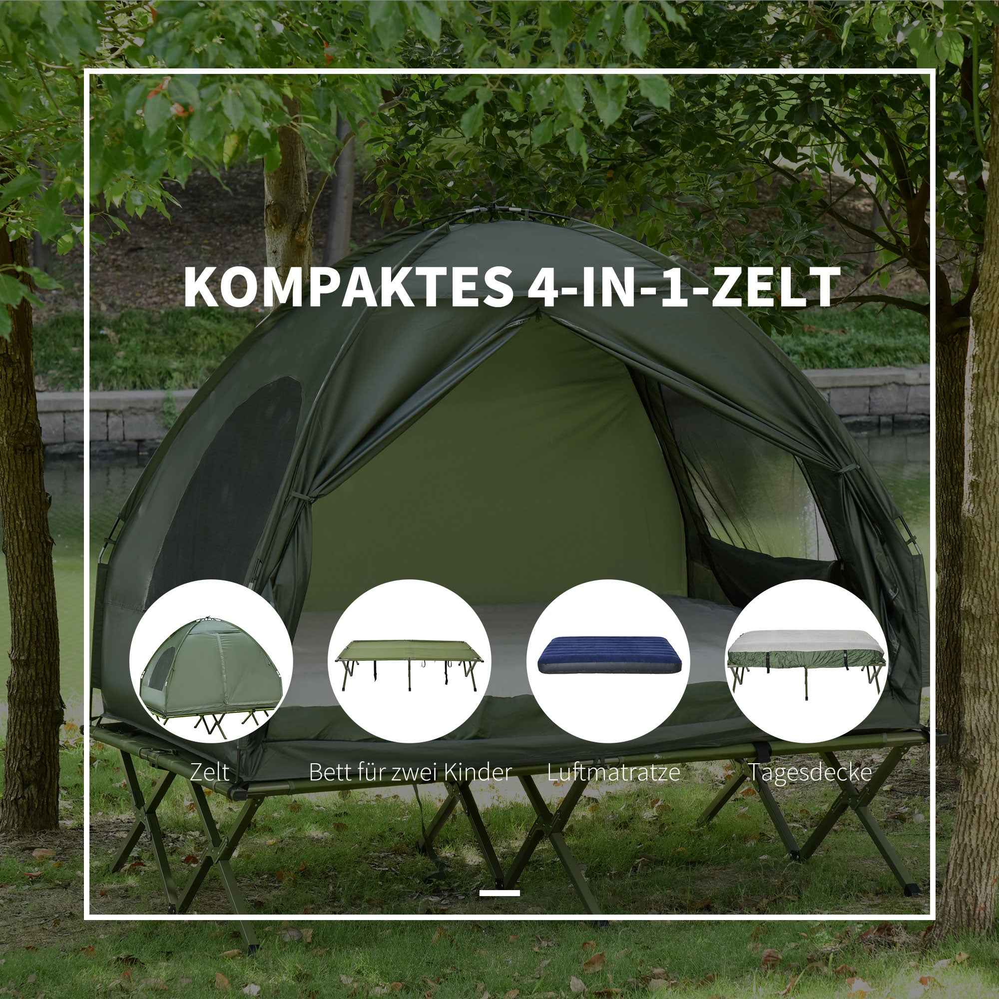 Cot with Tent Elevated Camping Bed with Air Mattress Pump Taffeta Carrying Bag 193 x 136 x 180 cm Guest Bed for 2 Persons up to 160 kg Extra Wide Folding Bed Camping Cot for Outdoor Green