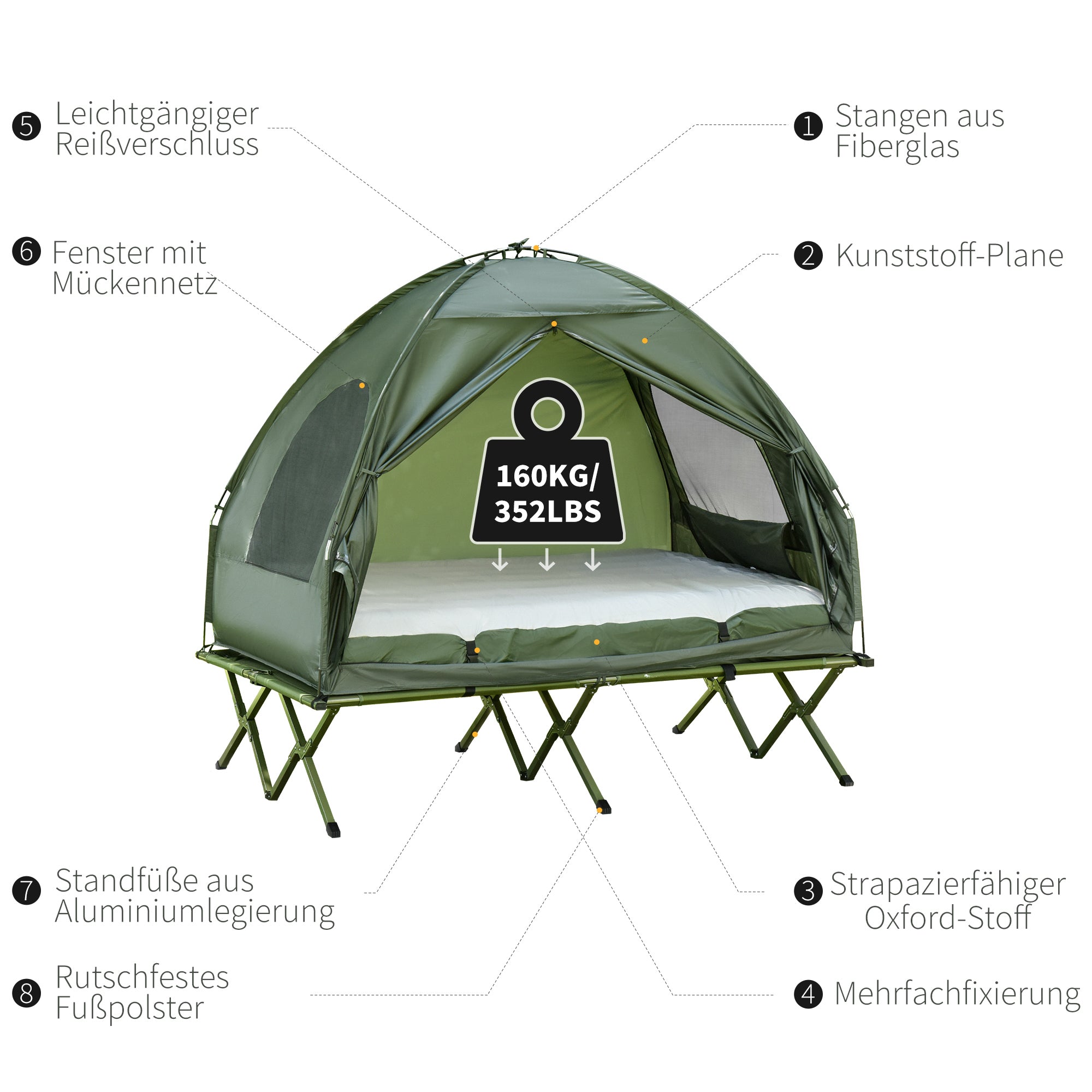 Cot with Tent Elevated Camping Bed with Air Mattress Pump Taffeta Carrying Bag 193 x 136 x 180 cm Guest Bed for 2 Persons up to 160 kg Extra Wide Folding Bed Camping Cot for Outdoor Green