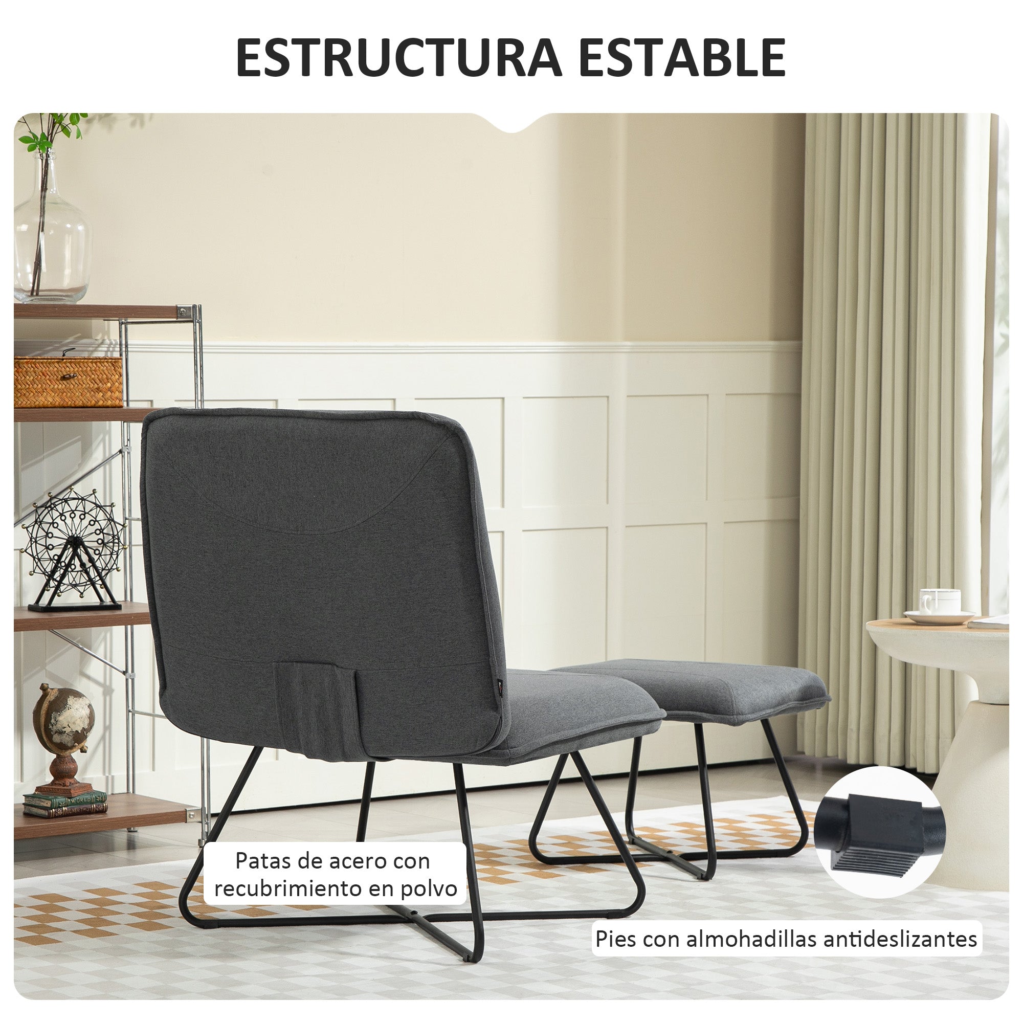 Living Room Armchair with Footrest Armless Relax Chair with Steel Cross Legs for Bedroom Dark Gray