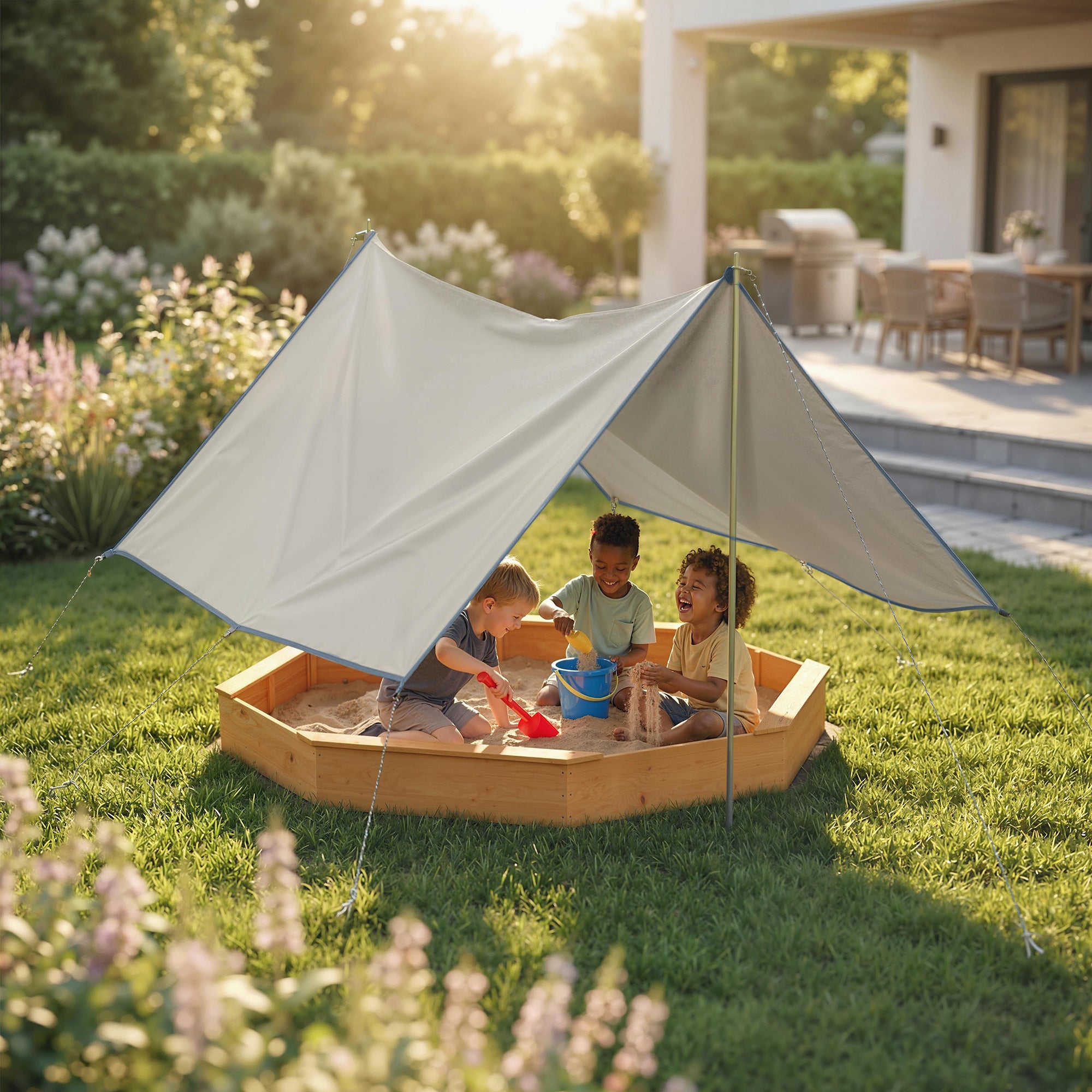 Wooden Sandbox with Canopy, Outdoor Kids' Sandbox with 4 Benches, Ground Liner, Outdoor Play Area for 8 Children Aged 3–6, Yellow