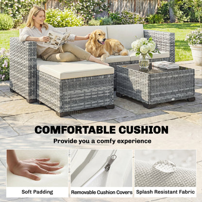 5-Piece PE Rattan Patio Lounge Set with Corner Sofa, Ottoman & Coffee Table, Cushions, Seats up to 4 — Gray & Cream