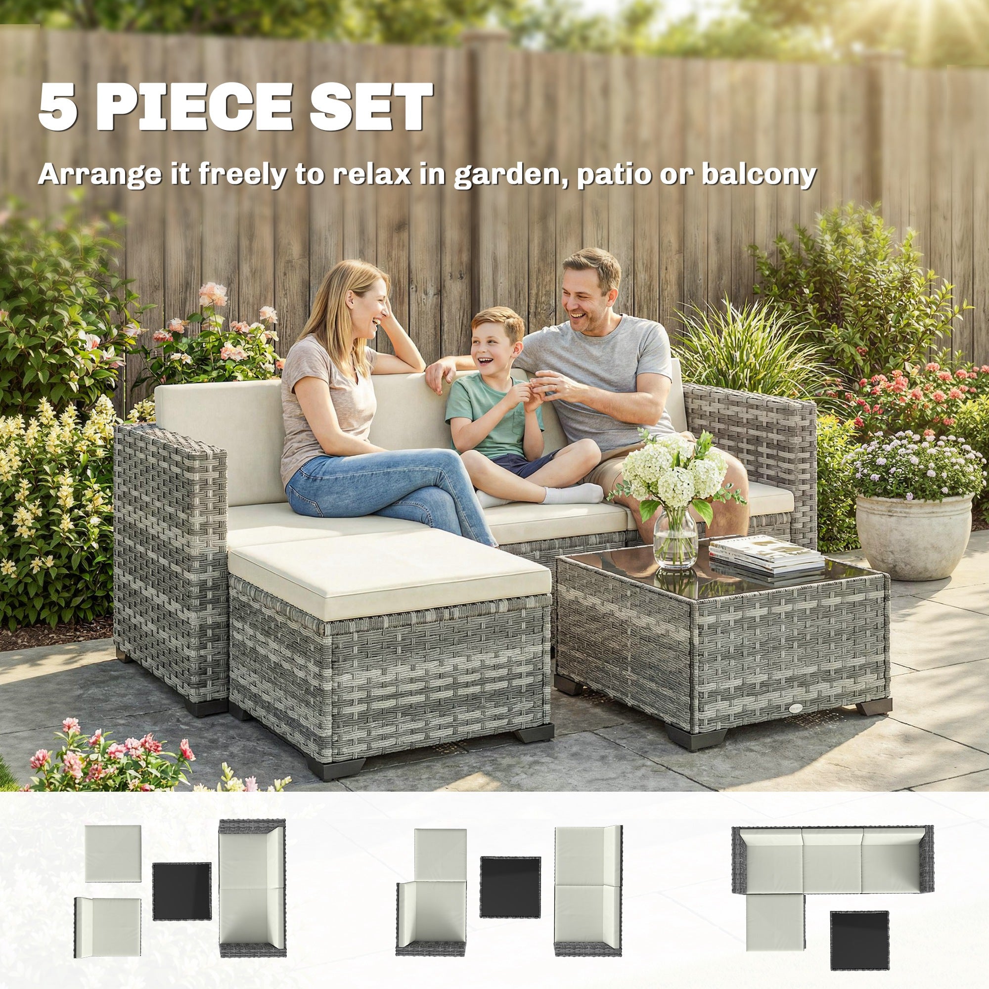 5-Piece PE Rattan Patio Lounge Set with Corner Sofa, Ottoman & Coffee Table, Cushions, Seats up to 4 — Gray & Cream