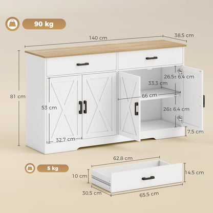 Sideboard Buffet Cabinet, 55.1 in Farmhouse Kitchen Cabinet with 2 Drawers & 2 Cabinets, Coffee Bar with Sliding/Barn-Style Doors and Adjustable Shelves, White