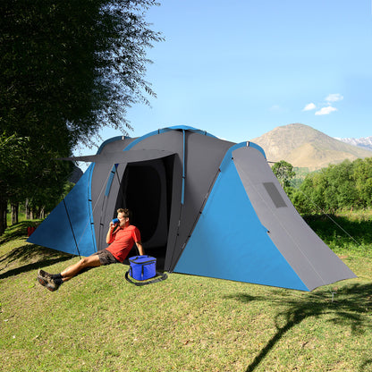 Family Tunnel Camping Tent for 4-6 People Waterproof 2000 mm Foldable Camping Tent with 2 Bedrooms Hiking Bag 555x225x190 cm Gray and Blue
