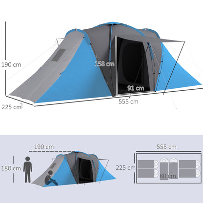 Family Tunnel Camping Tent for 4-6 People Waterproof 2000 mm Foldable Camping Tent with 2 Bedrooms Hiking Bag 555x225x190 cm Gray and Blue