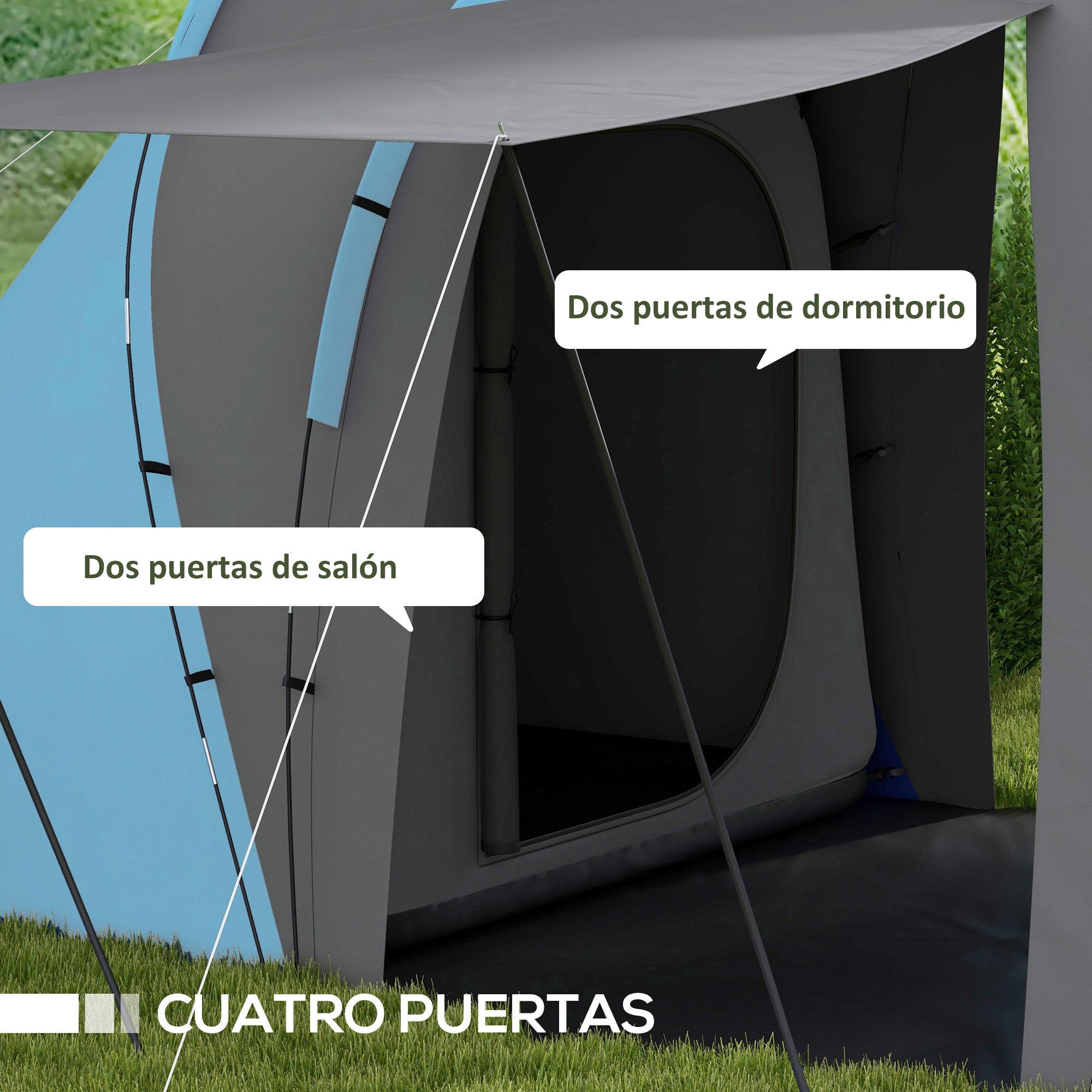 Family Tunnel Camping Tent for 4-6 People Waterproof 2000 mm Foldable Camping Tent with 2 Bedrooms Hiking Bag 555x225x190 cm Gray and Blue