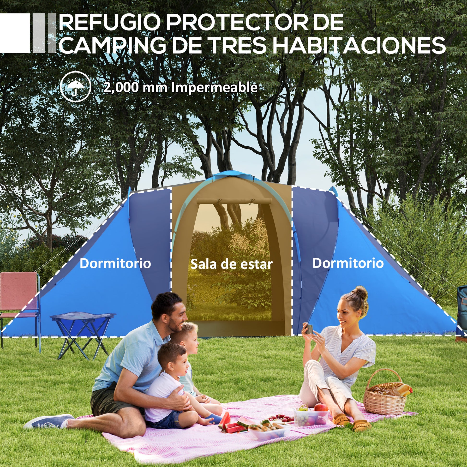 Family Tunnel Camping Tent for 4-6 People Waterproof 2000 mm Foldable Camping Tent with 2 Bedrooms Hiking Bag 555x225x190 cm Gray and Blue