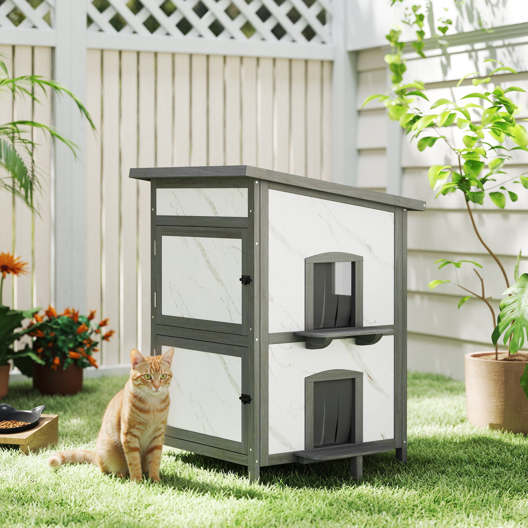 2-Story Insulated Outdoor Wooden Cat House with Window, Multiple Doors, Water-Resistant Roof, Cat Den Box for Outdoors — 24 x 24 x 34.6 in (60 x 60 x 88 cm), White