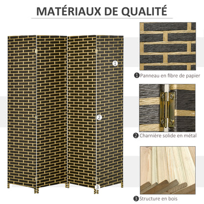 Indoor Room Divider 4 Foldable Panels 180L x 180H cm Poplar Wood Woven Paper Fibers Chocolate Straw