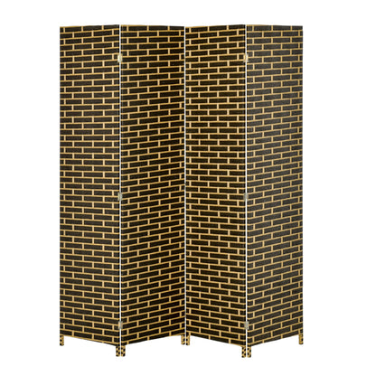 Indoor Room Divider 4 Foldable Panels 180L x 180H cm Poplar Wood Woven Paper Fibers Chocolate Straw