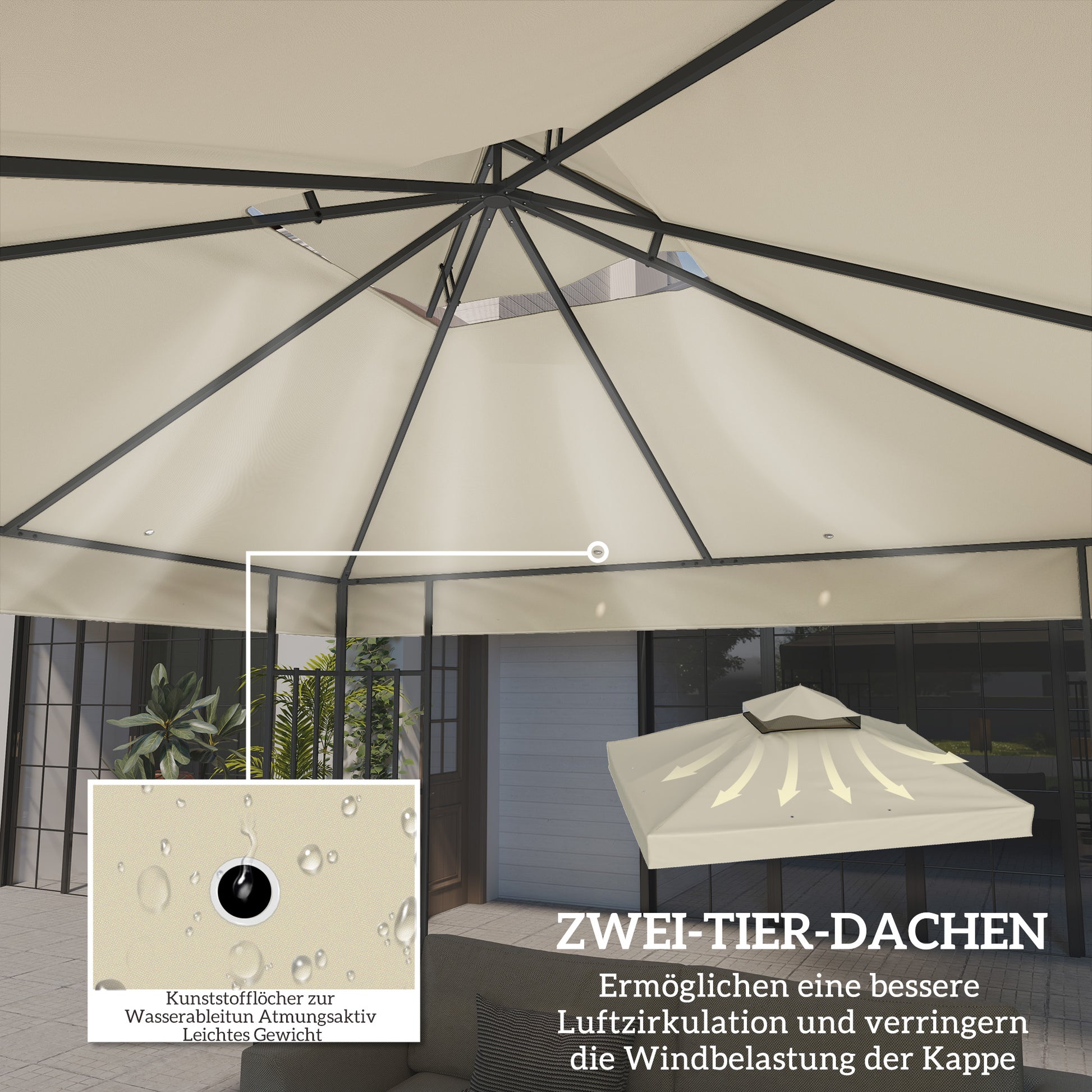 Replacement Canopy for Pavilion 3 x 3 m, water-resistant pavilion roof, double-tier replacement cover for garden pavilion, parts made of Oxford fabric, 370 g/m², Cream White