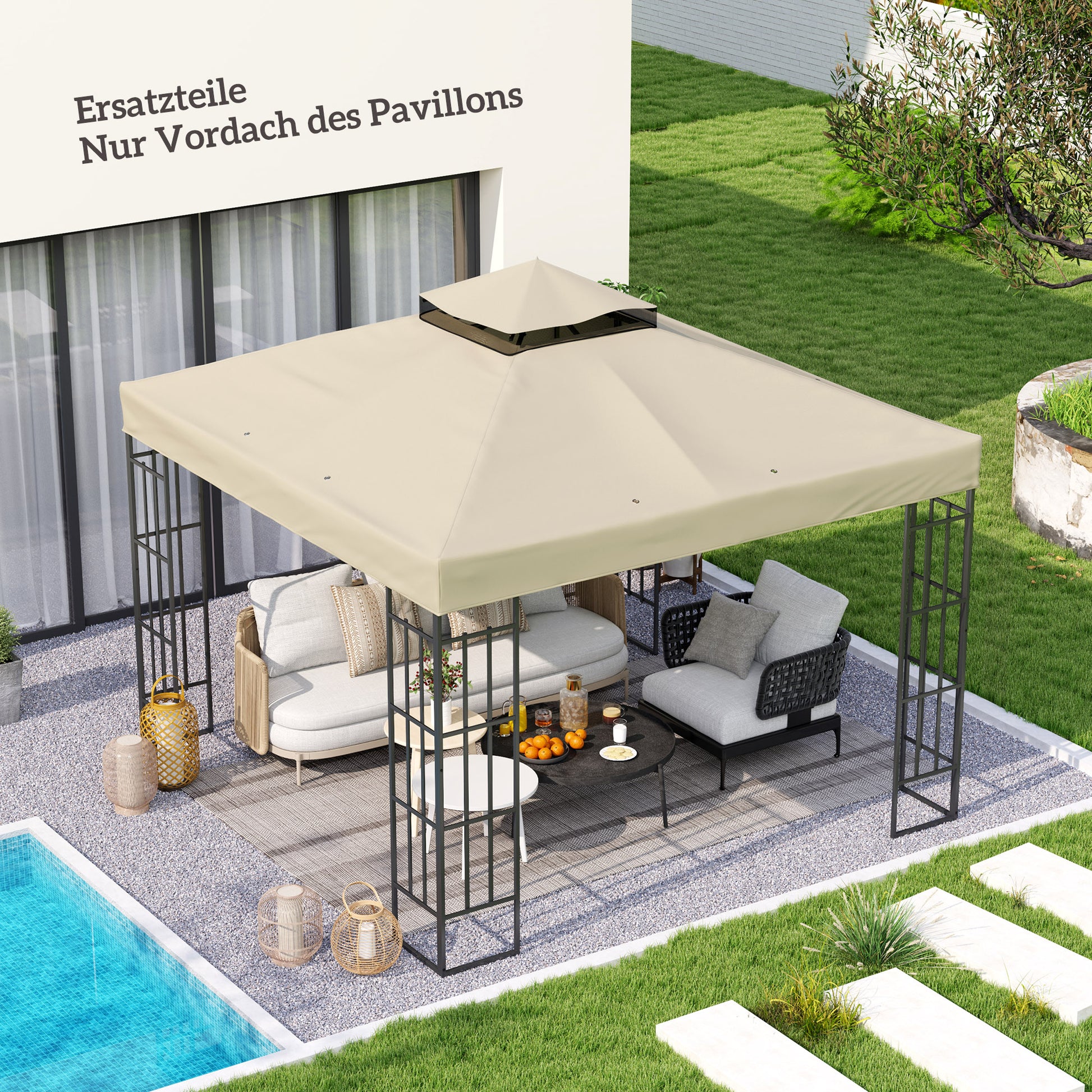 Replacement Canopy for Pavilion 3 x 3 m, water-resistant pavilion roof, double-tier replacement cover for garden pavilion, parts made of Oxford fabric, 370 g/m², Cream White