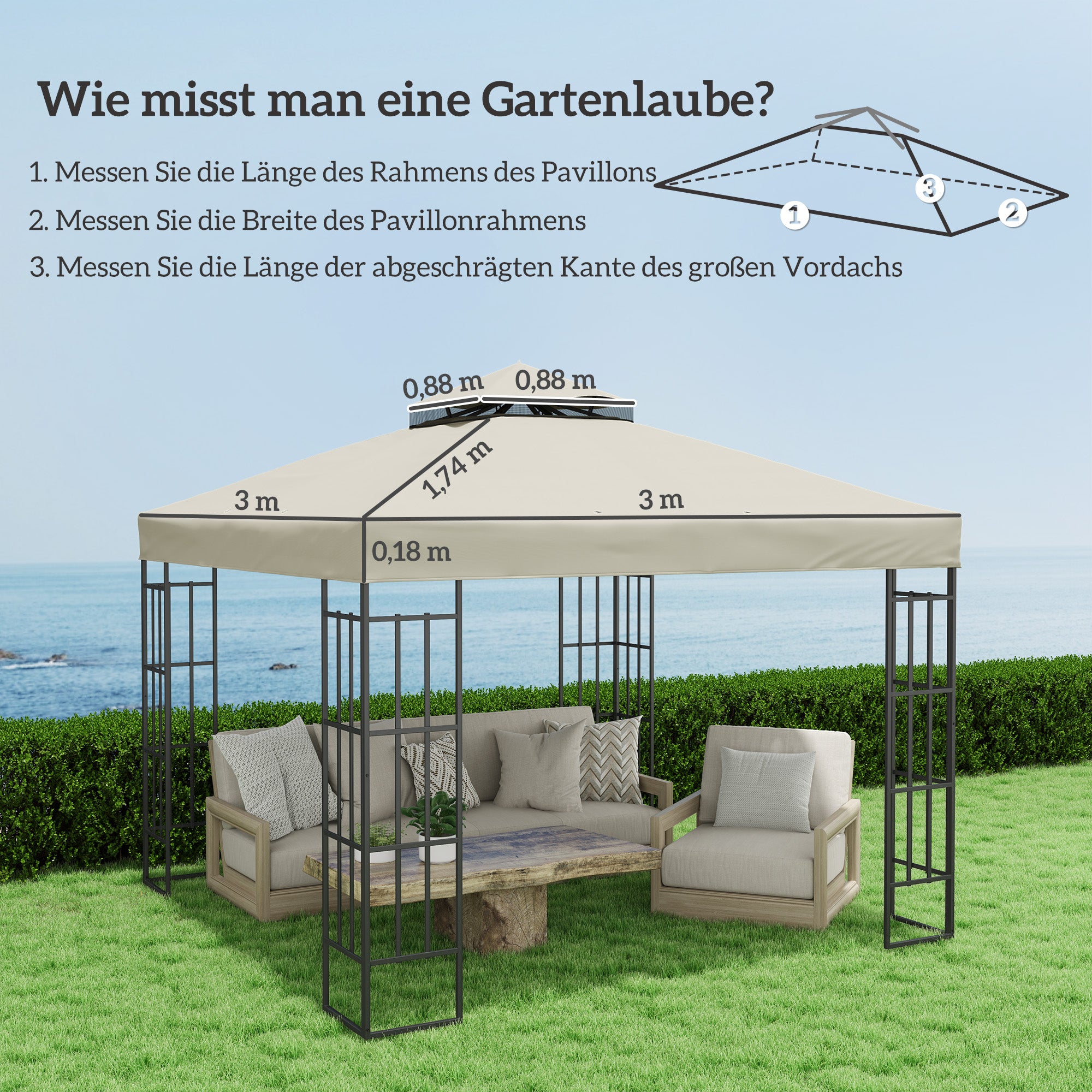 Replacement Canopy for Pavilion 3 x 3 m, water-resistant pavilion roof, double-tier replacement cover for garden pavilion, parts made of Oxford fabric, 370 g/m², Cream White
