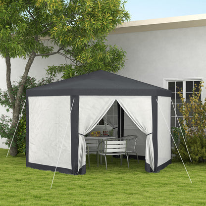 4x4m Hexagonal Garden Gazebo with Mesh Walls, 2 Doors, Adjustable Legs, Metal and Polyester Gazebo with Stakes and Ropes, Grey