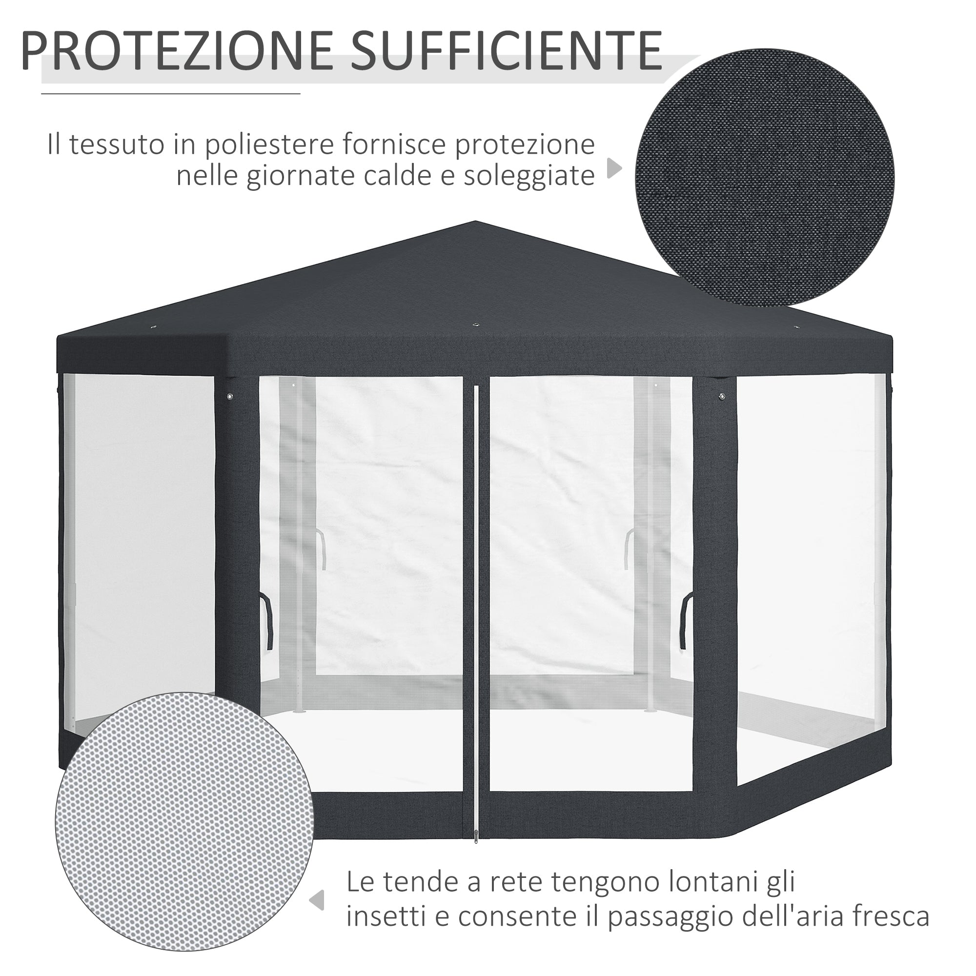 4x4m Hexagonal Garden Gazebo with Mesh Walls, 2 Doors, Adjustable Legs, Metal and Polyester Gazebo with Stakes and Ropes, Grey