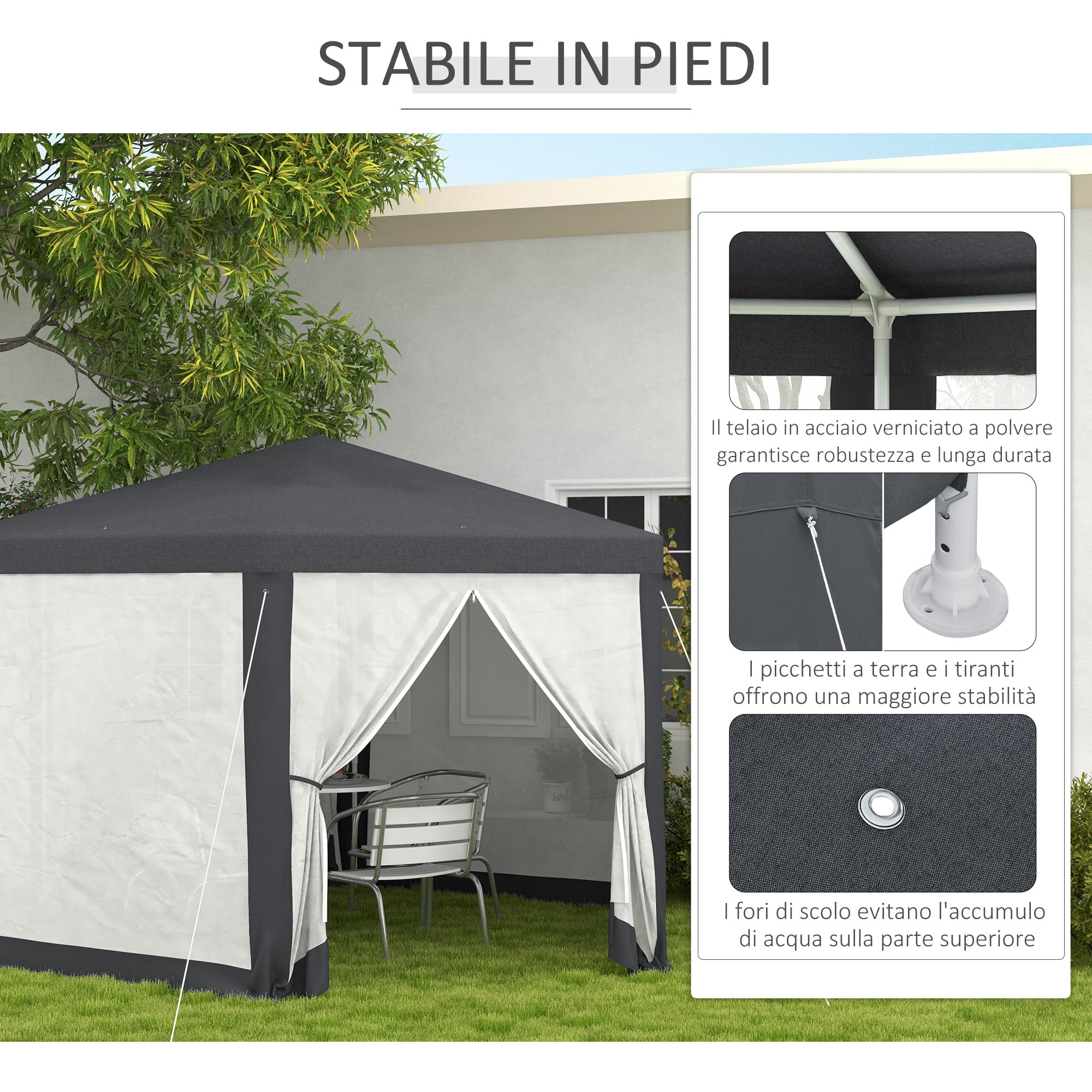 4x4m Hexagonal Garden Gazebo with Mesh Walls, 2 Doors, Adjustable Legs, Metal and Polyester Gazebo with Stakes and Ropes, Grey