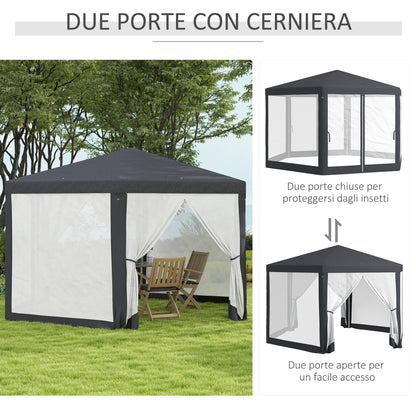 4x4m Hexagonal Garden Gazebo with Mesh Walls, 2 Doors, Adjustable Legs, Metal and Polyester Gazebo with Stakes and Ropes, Grey