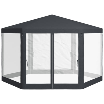 4x4m Hexagonal Garden Gazebo with Mesh Walls, 2 Doors, Adjustable Legs, Metal and Polyester Gazebo with Stakes and Ropes, Grey
