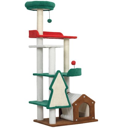 Christmas Colors Cat Tree, 135 cm Cat Tree with 6 Levels, Cat Scratching Tree with Cat Cave, Play Ball, Sisal Scratching Posts, for 1-2 Cats up to 5 kg, Multicolor