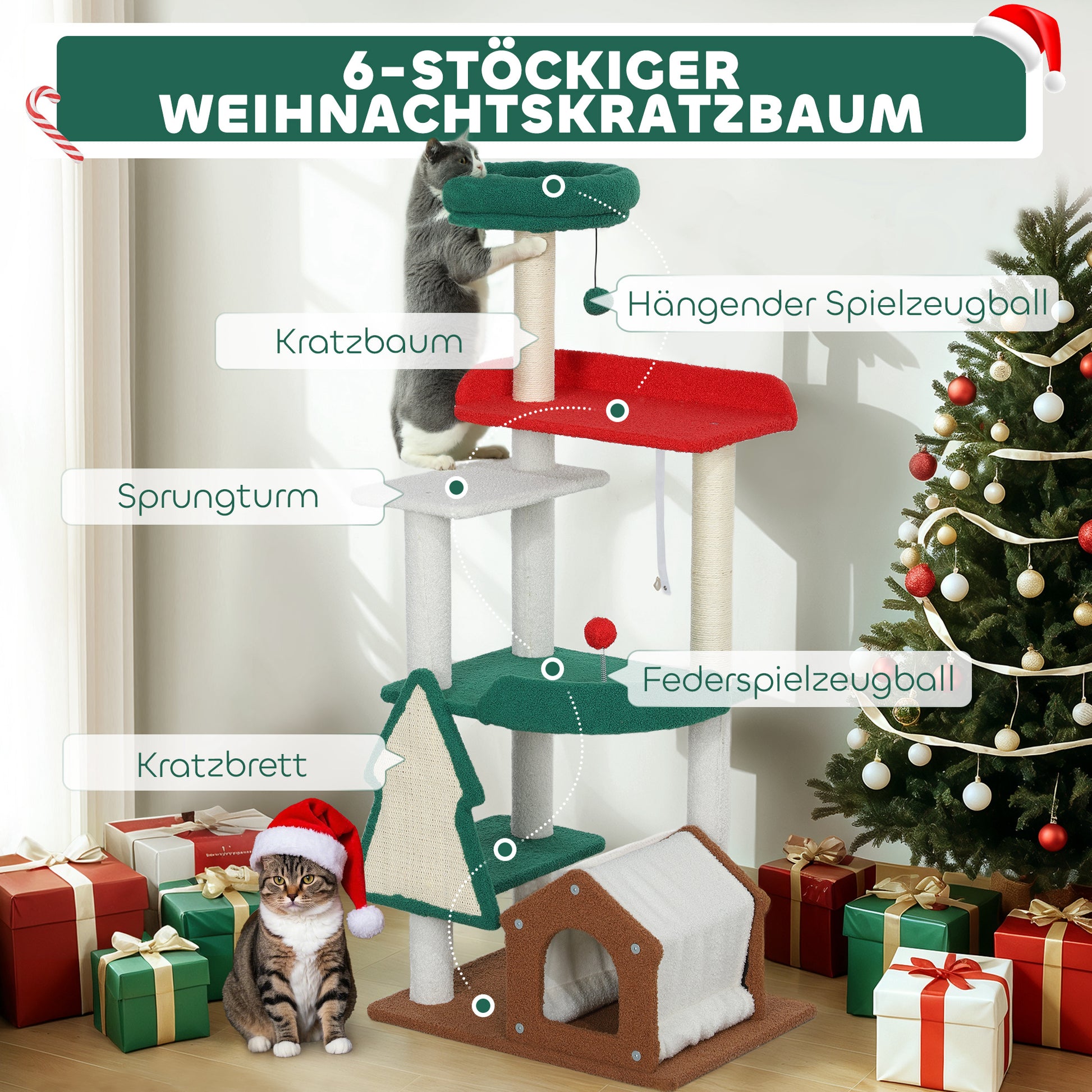 Christmas Colors Cat Tree, 135 cm Cat Tree with 6 Levels, Cat Scratching Tree with Cat Cave, Play Ball, Sisal Scratching Posts, for 1-2 Cats up to 5 kg, Multicolor