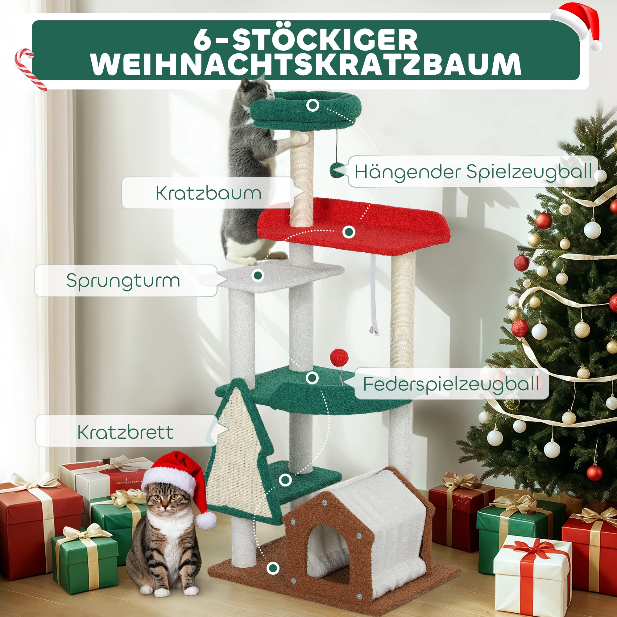 Christmas Colors Cat Tree, 135 cm Cat Tree with 6 Levels, Cat Scratching Tree with Cat Cave, Play Ball, Sisal Scratching Posts, for 1-2 Cats up to 5 kg, Multicolor