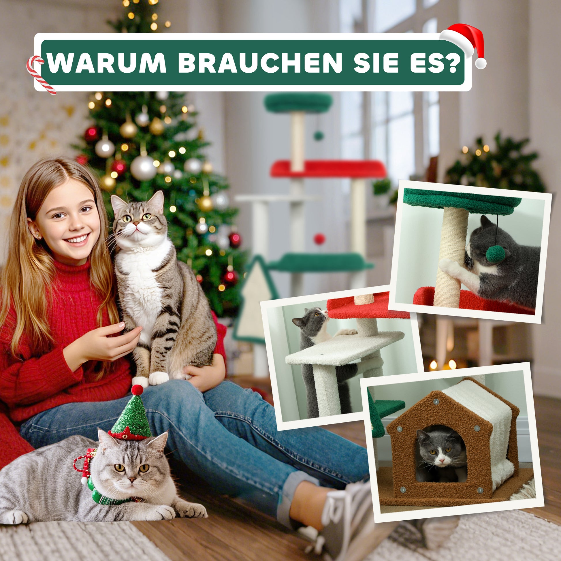 Christmas Colors Cat Tree, 135 cm Cat Tree with 6 Levels, Cat Scratching Tree with Cat Cave, Play Ball, Sisal Scratching Posts, for 1-2 Cats up to 5 kg, Multicolor