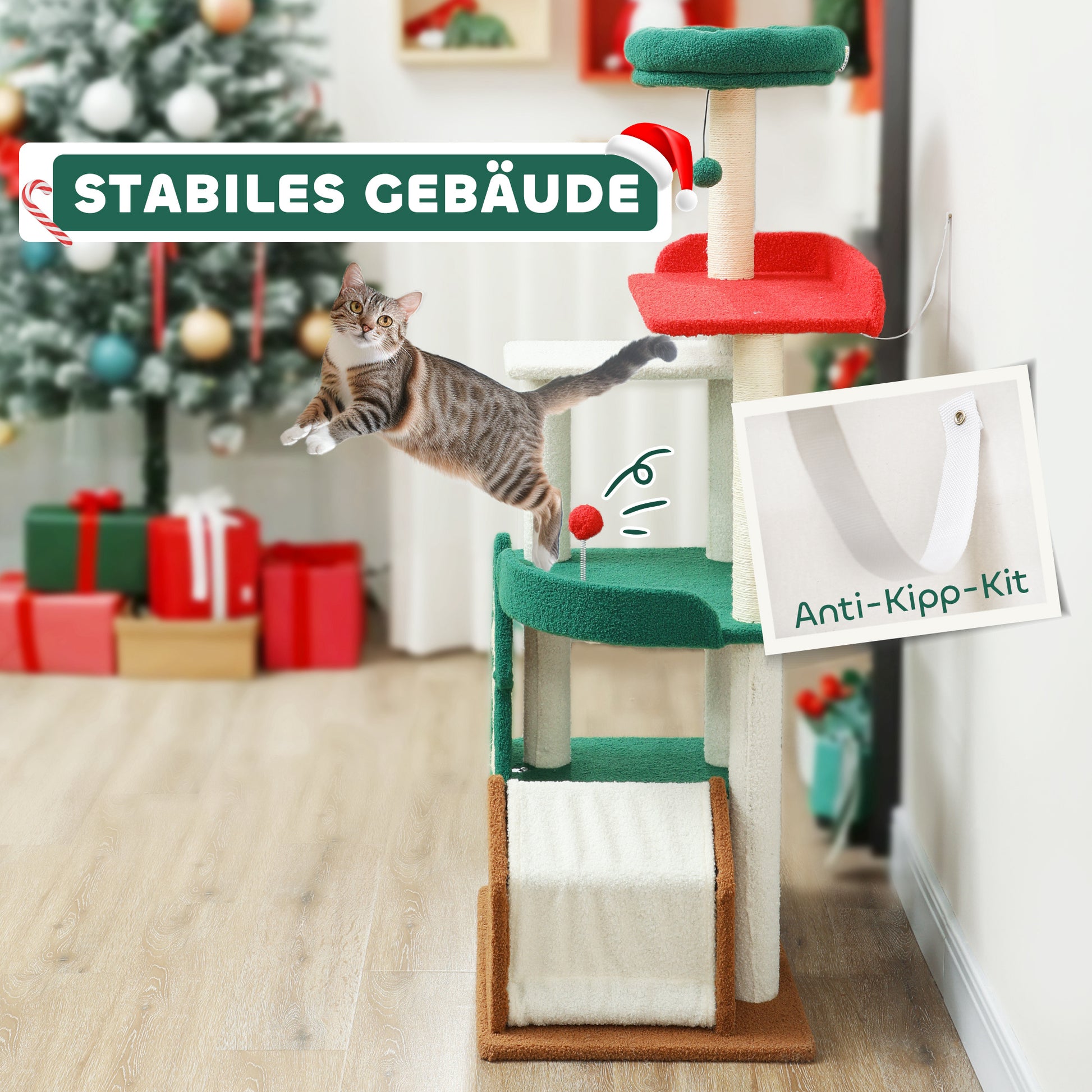 Christmas Colors Cat Tree, 135 cm Cat Tree with 6 Levels, Cat Scratching Tree with Cat Cave, Play Ball, Sisal Scratching Posts, for 1-2 Cats up to 5 kg, Multicolor
