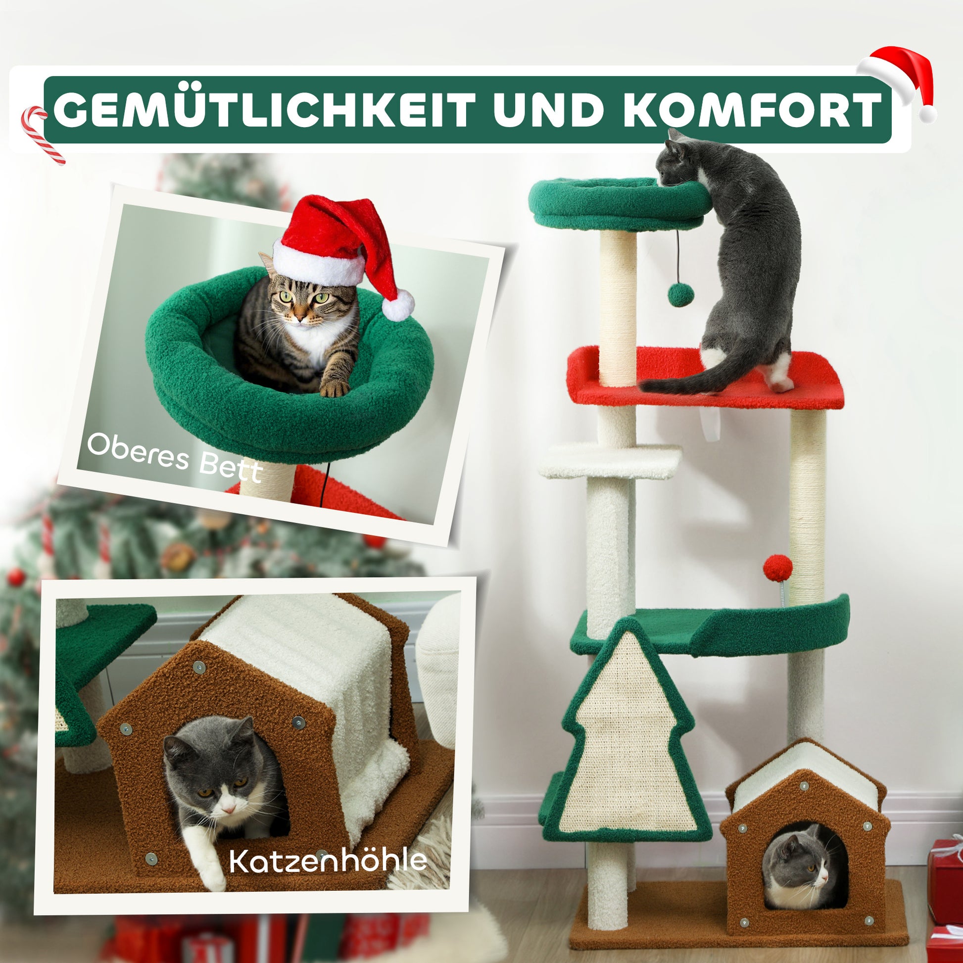Christmas Colors Cat Tree, 135 cm Cat Tree with 6 Levels, Cat Scratching Tree with Cat Cave, Play Ball, Sisal Scratching Posts, for 1-2 Cats up to 5 kg, Multicolor