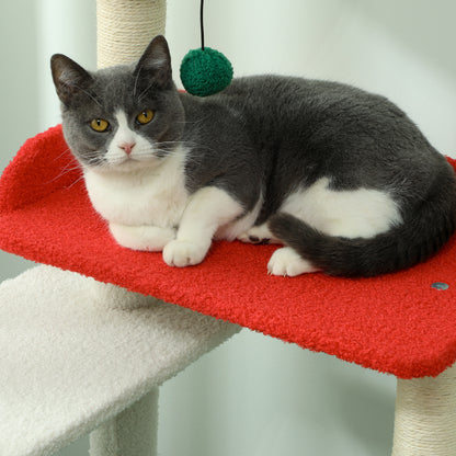 Christmas Colors Cat Tree, 135 cm Cat Tree with 6 Levels, Cat Scratching Tree with Cat Cave, Play Ball, Sisal Scratching Posts, for 1-2 Cats up to 5 kg, Multicolor