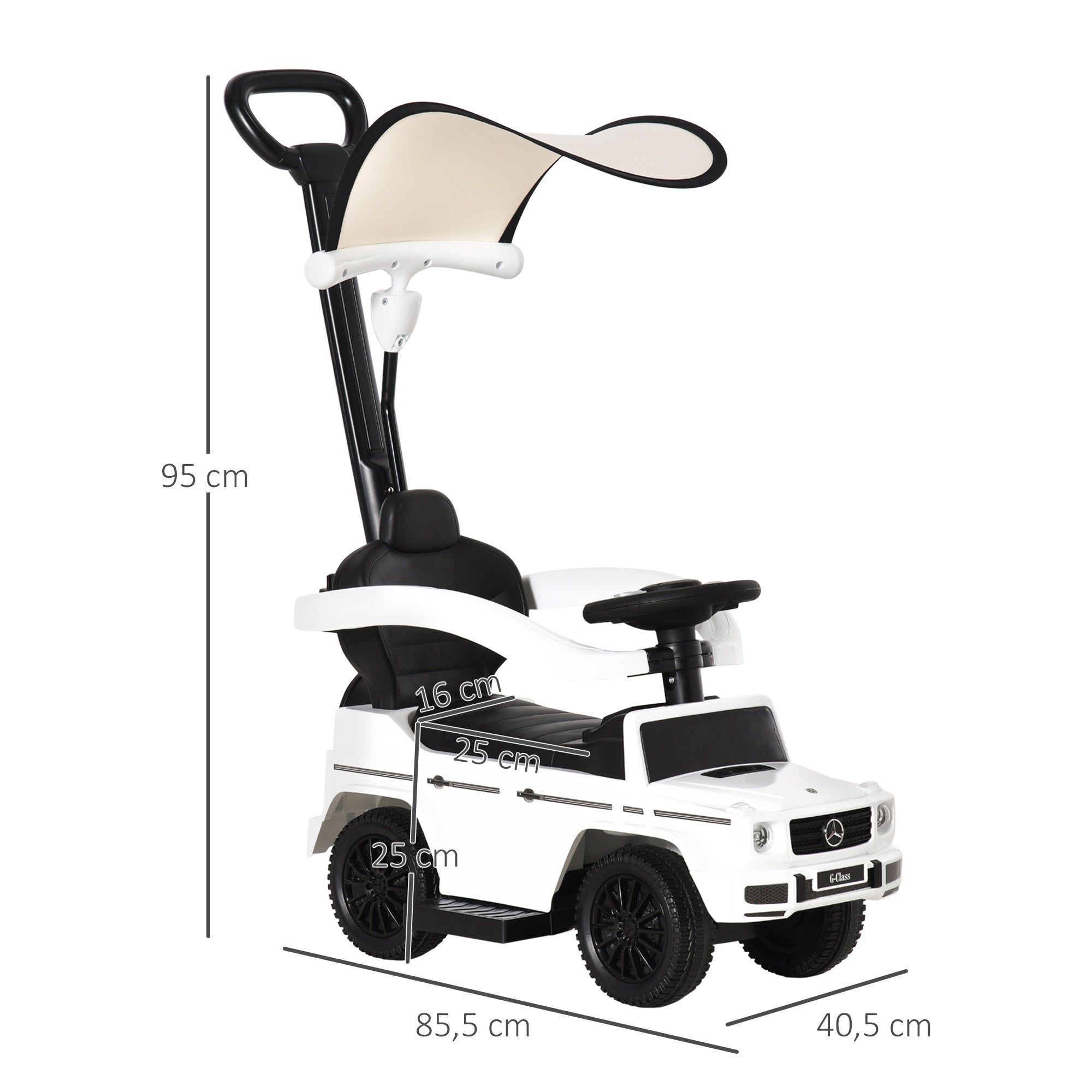Kids Ride On Toy Car with Mercedes G350 License Ride-On Car for 1-3 Year Olds with Horn Removable Canopy and Guardrail Load 25 kg 85.5x40.5x95 cm White