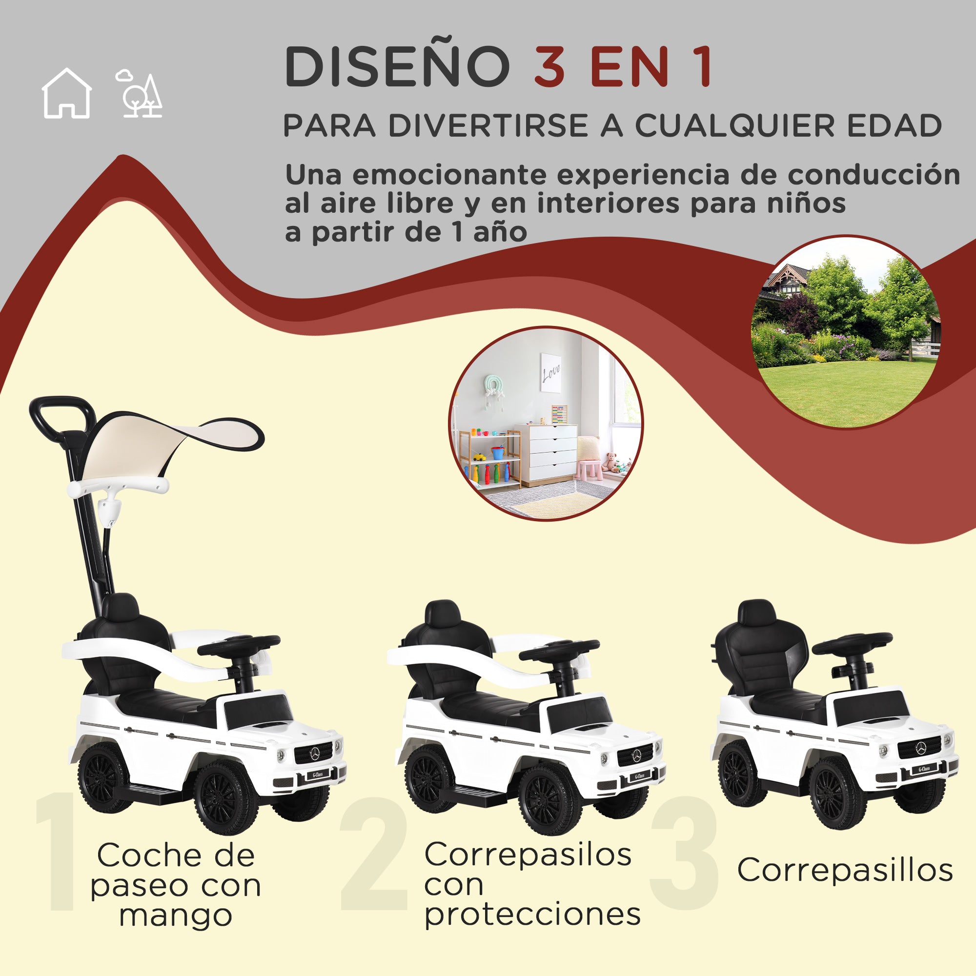 Kids Ride On Toy Car with Mercedes G350 License Ride-On Car for 1-3 Year Olds with Horn Removable Canopy and Guardrail Load 25 kg 85.5x40.5x95 cm White